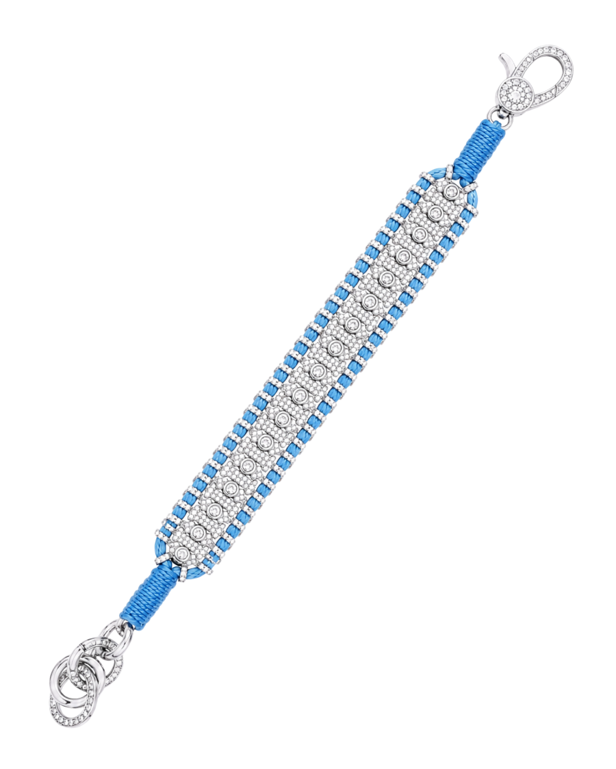 Diamond-encrusted Sterling Silver Friendship Bracelet in Blue Thread
