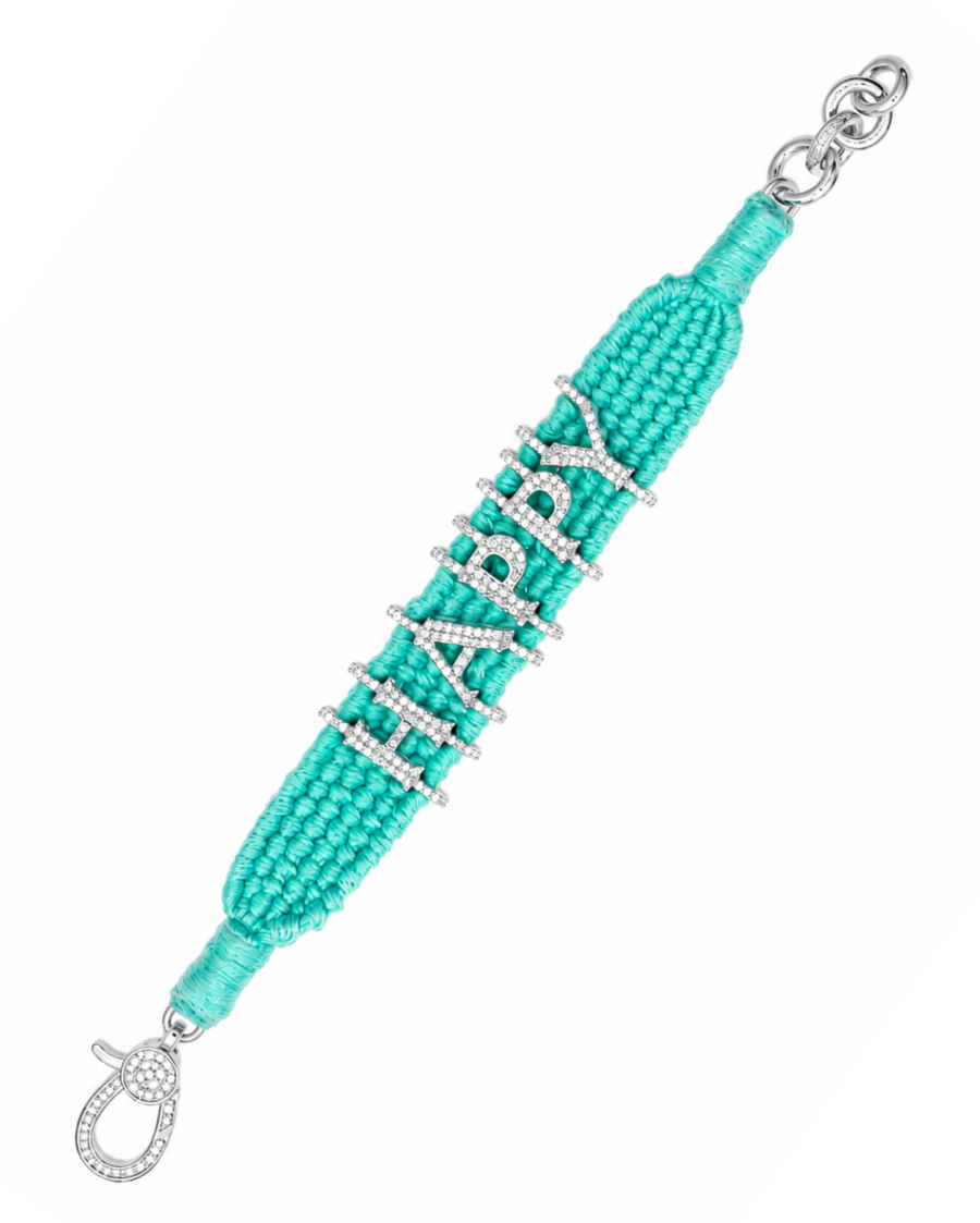 HAPPY Diamond-encrusted Sterling Silver Friendship Bracelet in Turquoise Thread