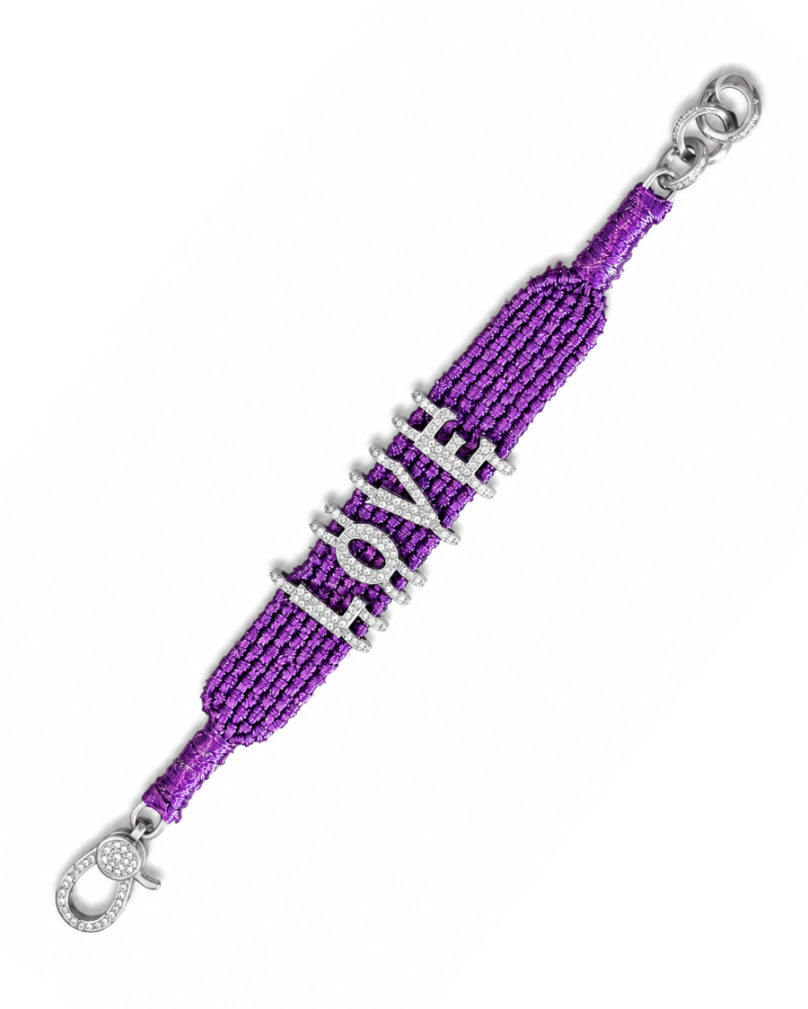 LOVE Diamond-encrusted Sterling Silver Friendship Bracelet in Purple Thread