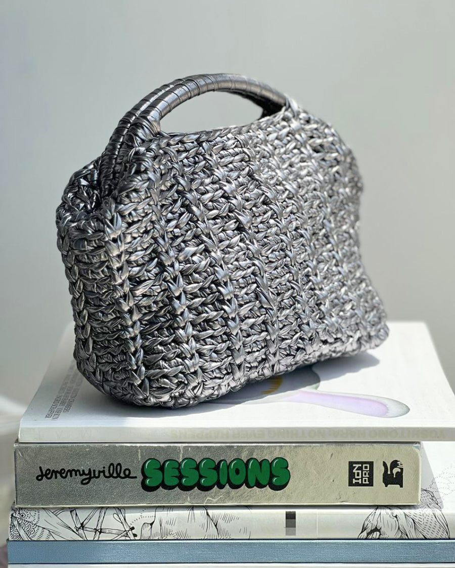 Half Moon Grand Galactica Metallic Rope Silver Grey Basket Bag