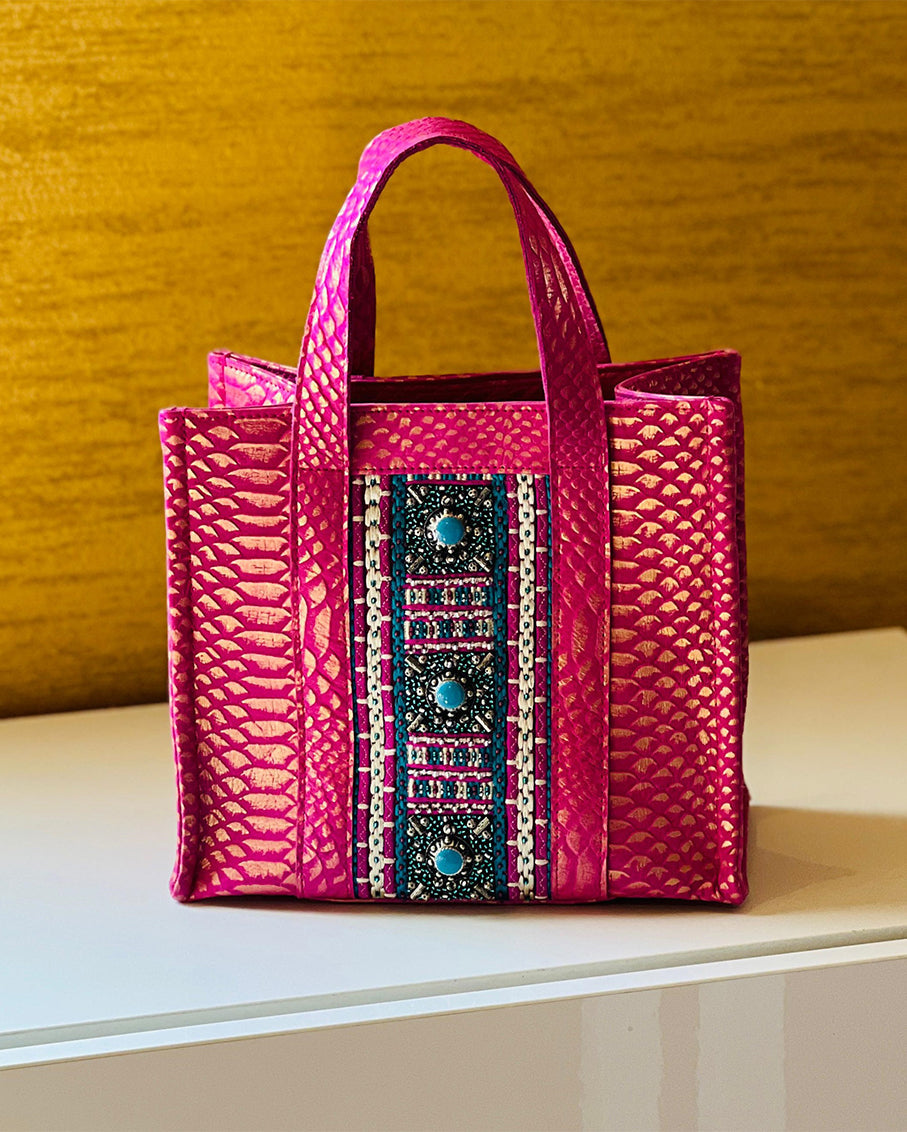 Limited-Edition Mini Snake-Embossed Print Leather Tote Bag with Embroidery Details