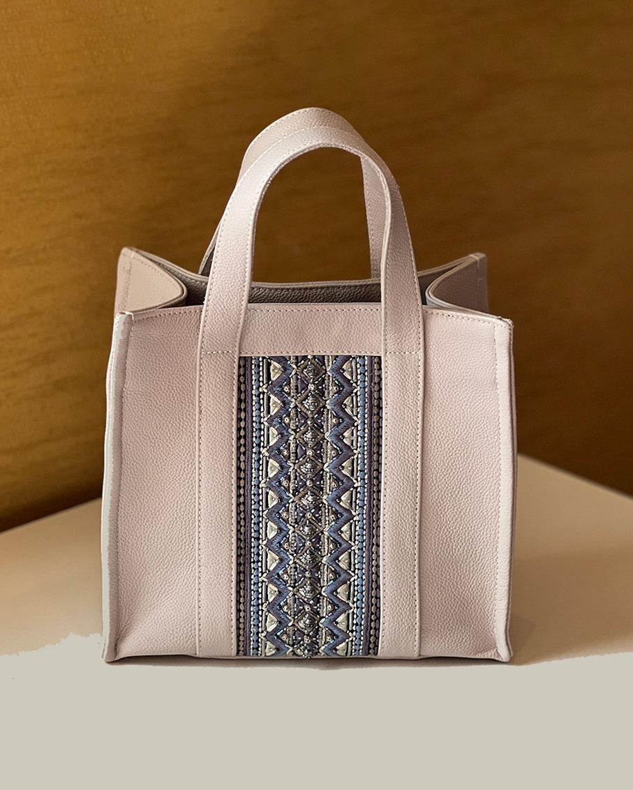 Limited-Edition Mini Leather Tote Bag with Metallic Silver Embroidery