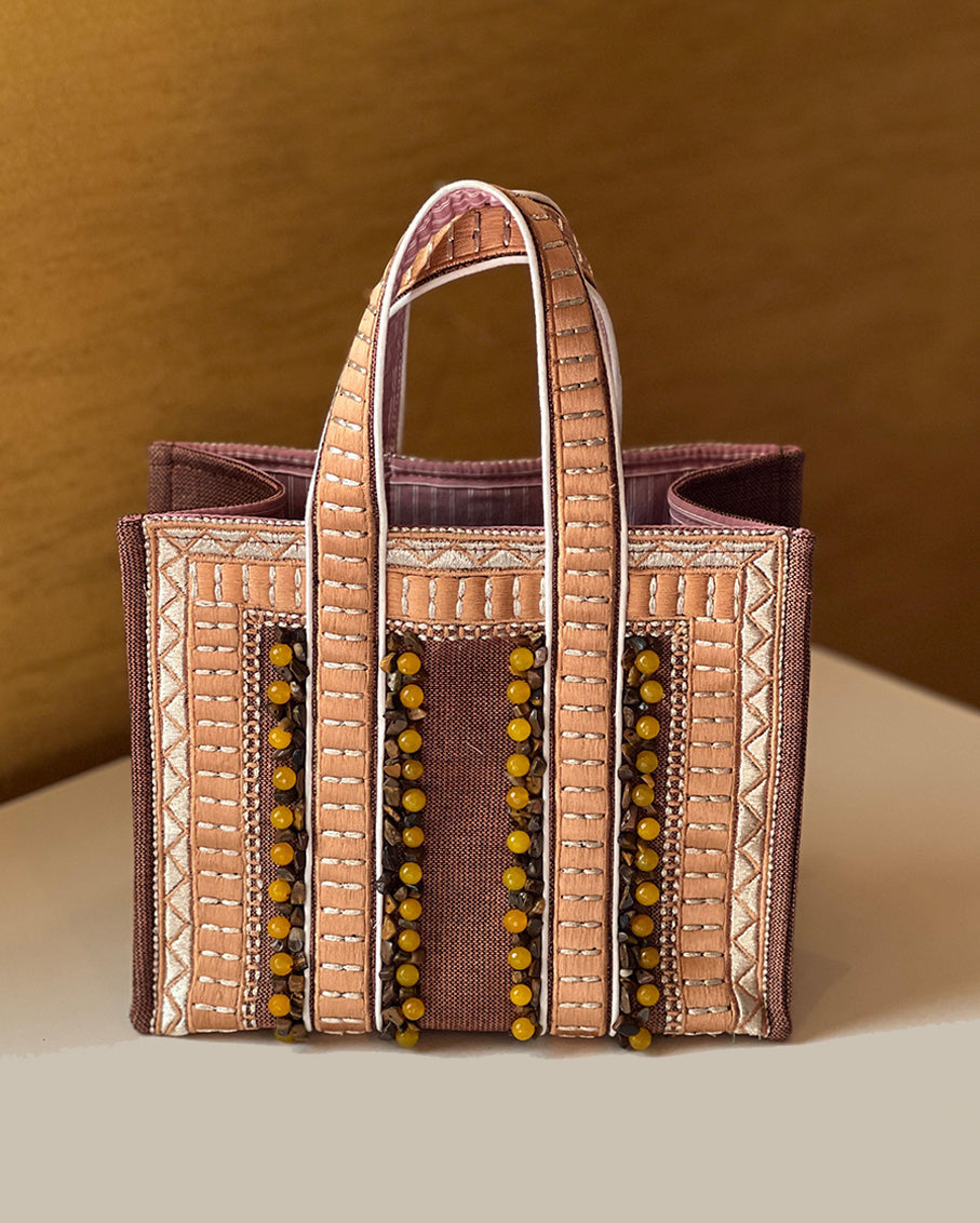 Limited-Edition Mini Tote Bag with Hand Beaded Tiger Eye Stones