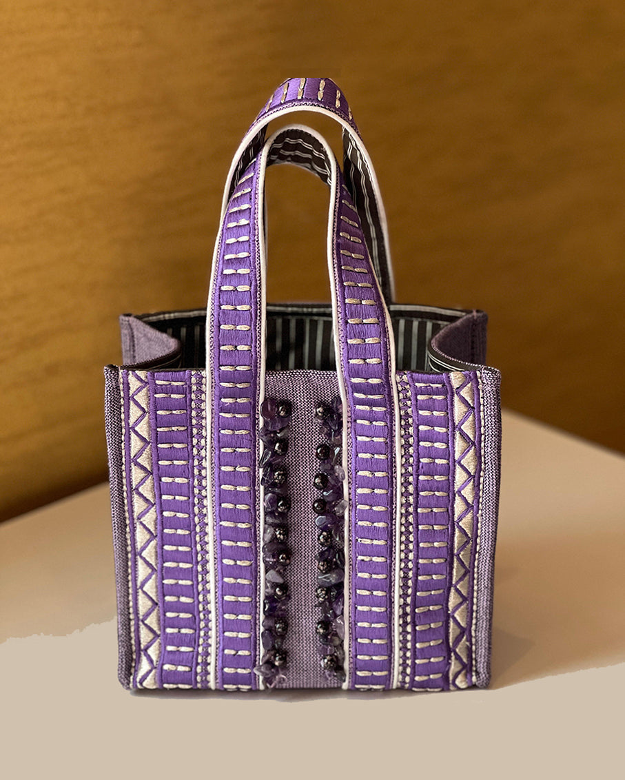 Limited-Edition Mini Tote Bag with Hand Beaded Amethyst Stones