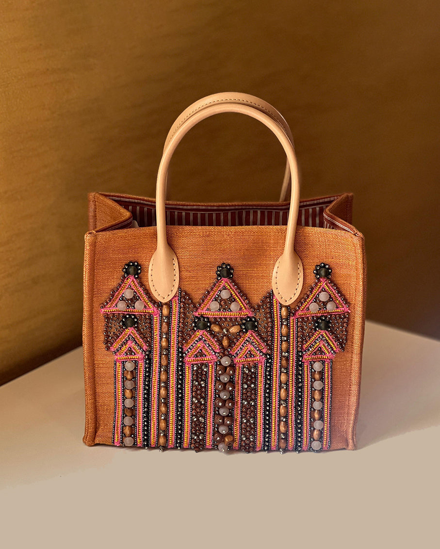 Hand Woven Fabric Embroidery with Glass and Stone Bead Leather Handle Bag