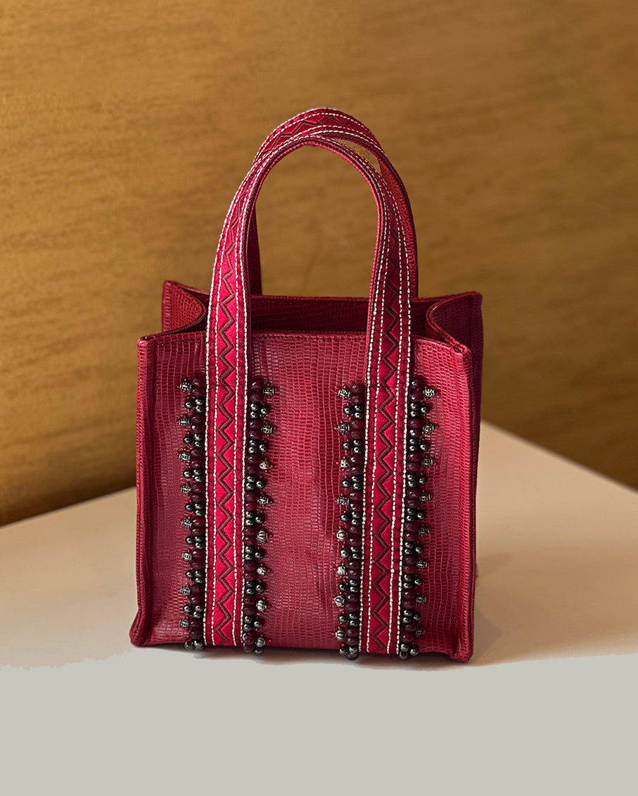 Limited-Edition Leather Tote Bag with Hand-Embroidered Silver Beads and Garnet Stones