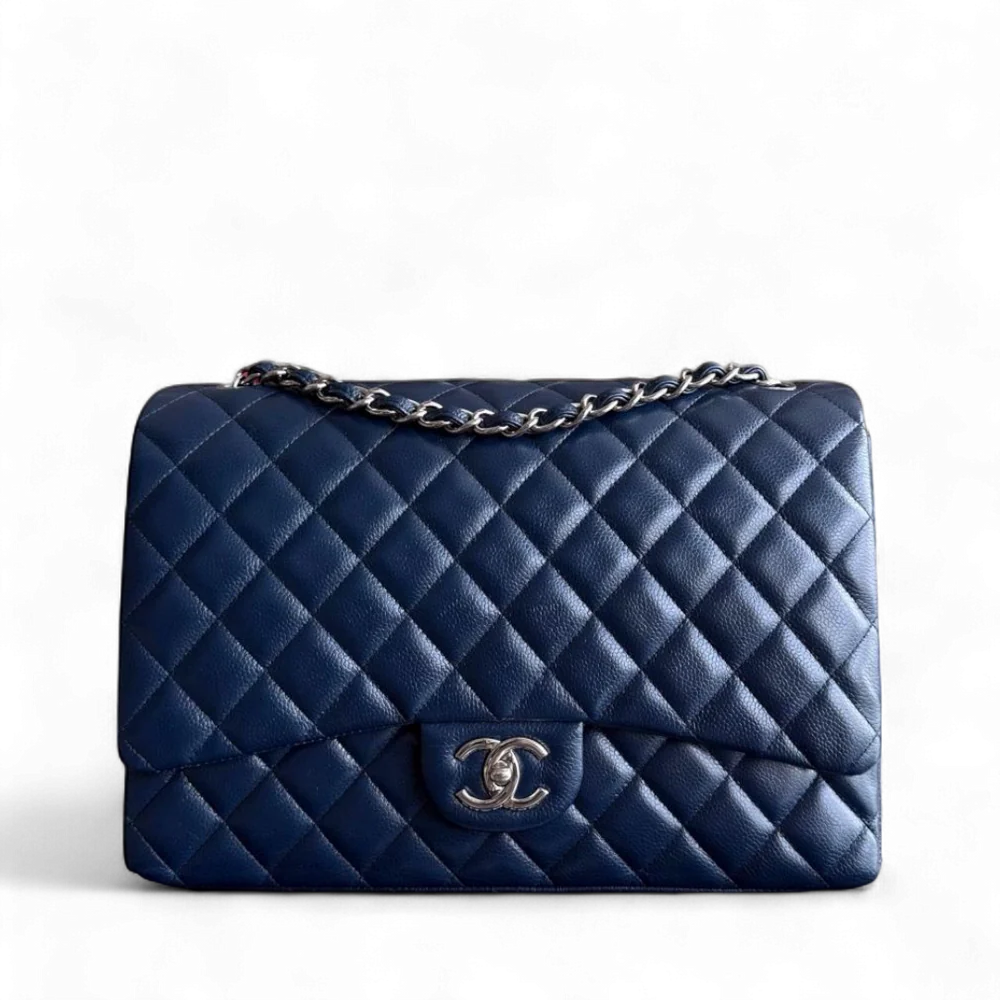 CHANEL CLASSIC FLAP MAXI - CAVIAR DOUBLE FLAP QUILTED GRAINED CALFSKIN DARK NAVY BLUE SILVER HARDWARE SERIES 15 SYCM567