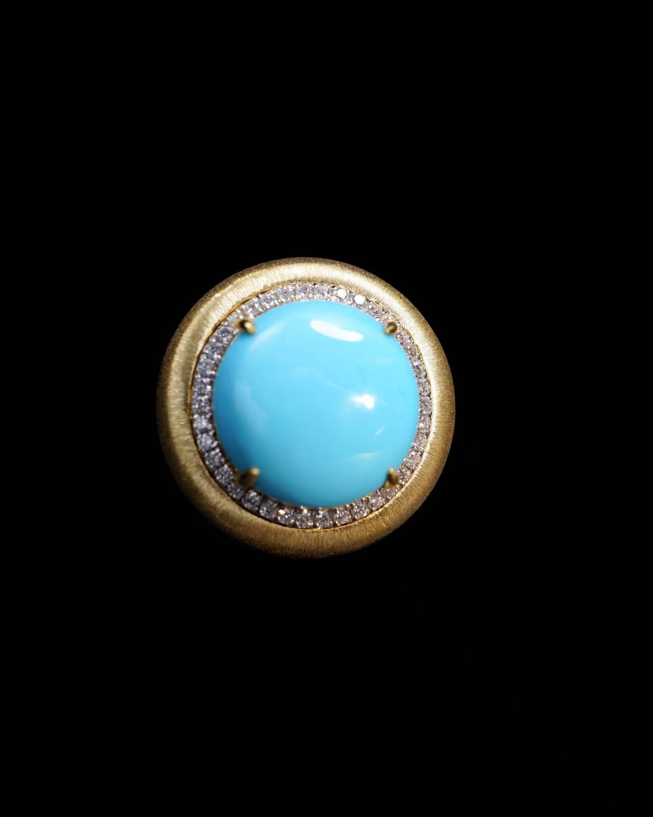 Untreated Natural 13.58ct Turquoise with 0.366ct Natural White Diamonds set in 18K Yellow Gold Ring
