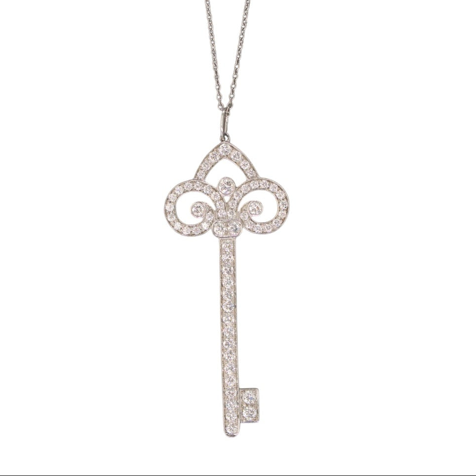 Tiffany Large Fleur de Lis Diamond Key Pendant 18K White Gold