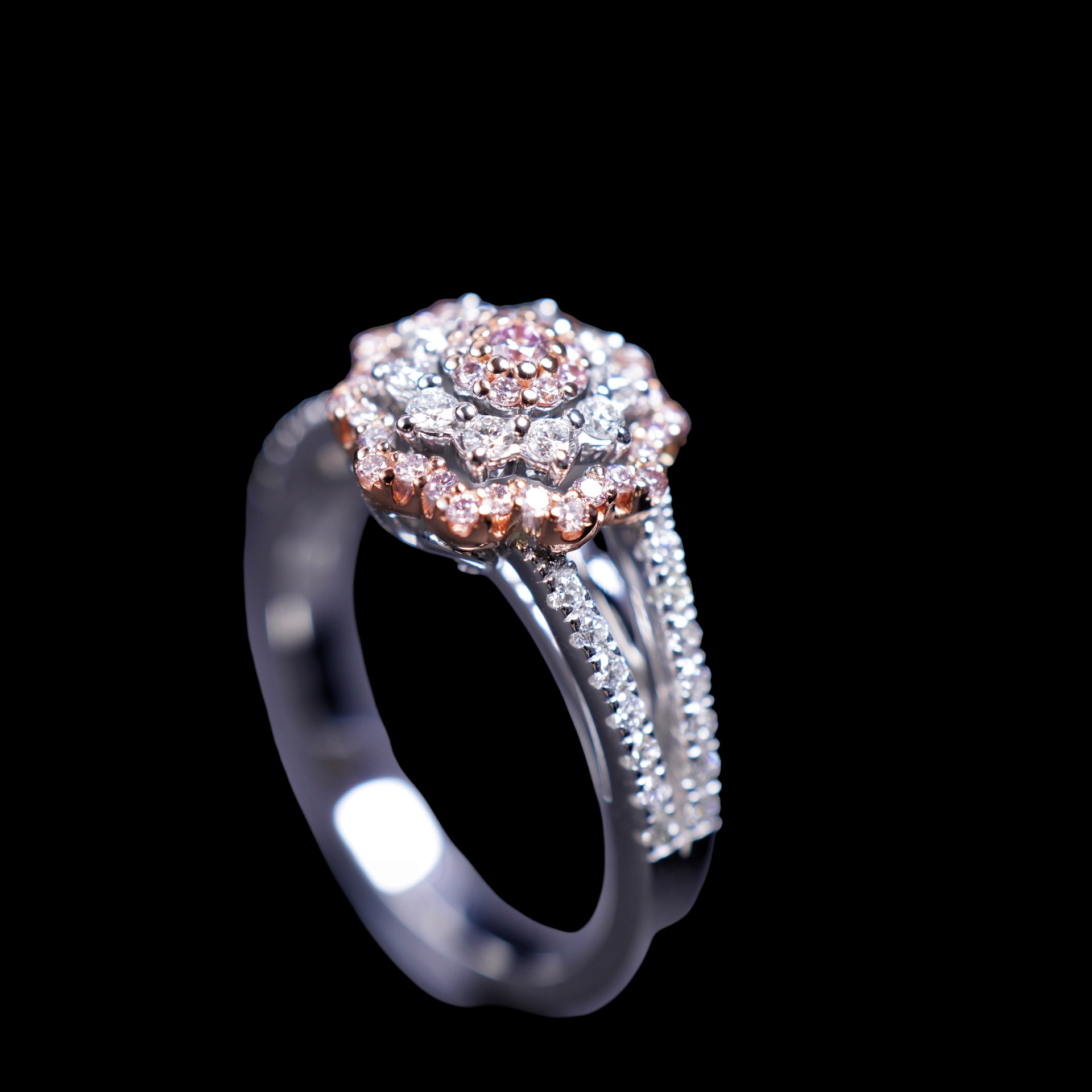 0.21ct Floral Pink and 0.35ct White Natural Diamonds Ring set in 18K White Gold