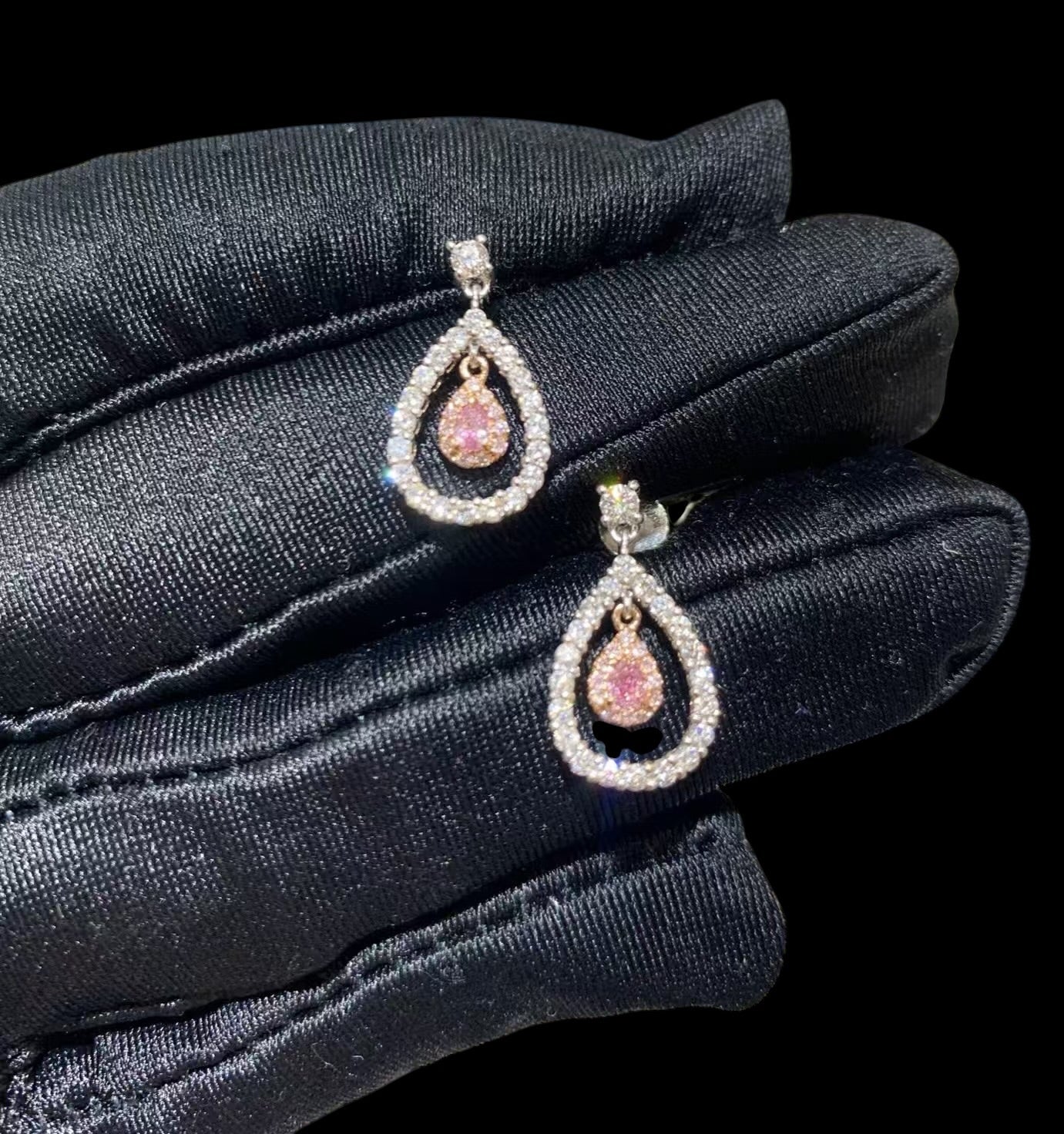0.128ct Pink Diamond Drop with 0.629ct Surrounding White Diamond Pear Shape Earrings set in 18K White Gold