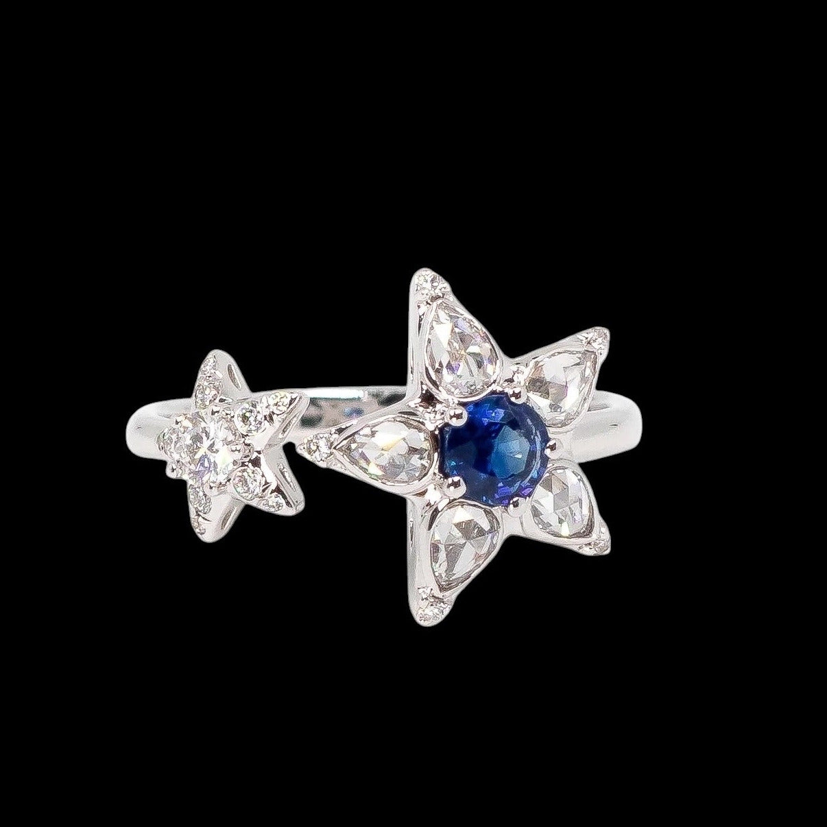 Natural White Diamond Open Star Ring with Sapphires set in 18K White Gold