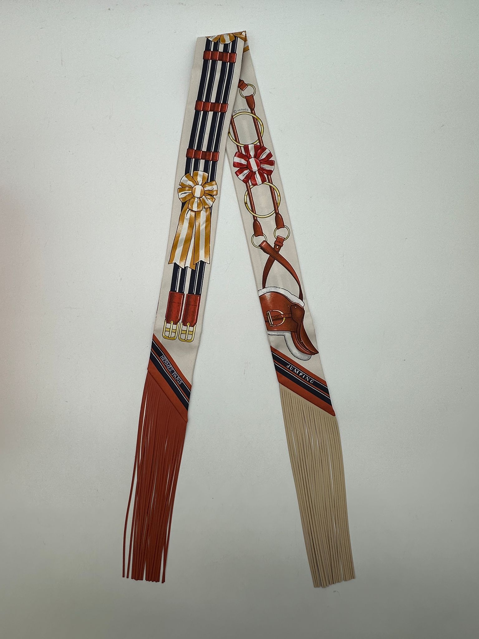 Hermès Bouquet Final Silk Fringe Twilly scarf in Crème/Noir PCA1036