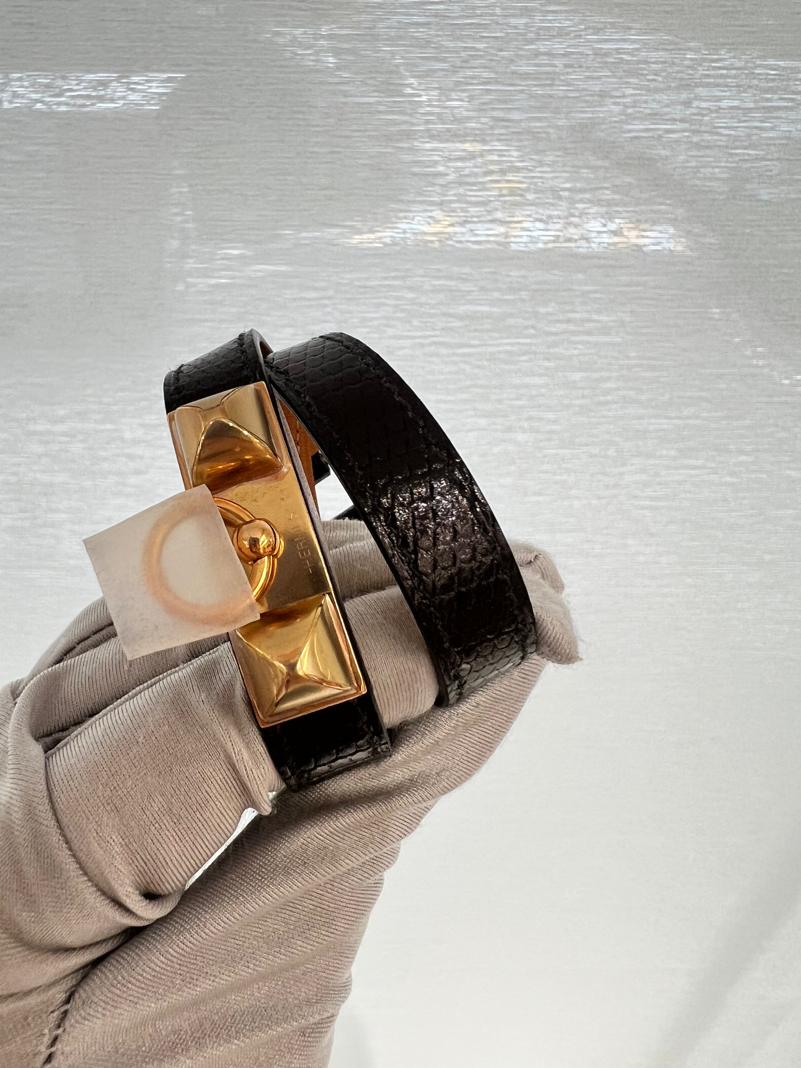 Hermes Rivale Double Tour Black Shiny Lizard GHW T1 SYC2303