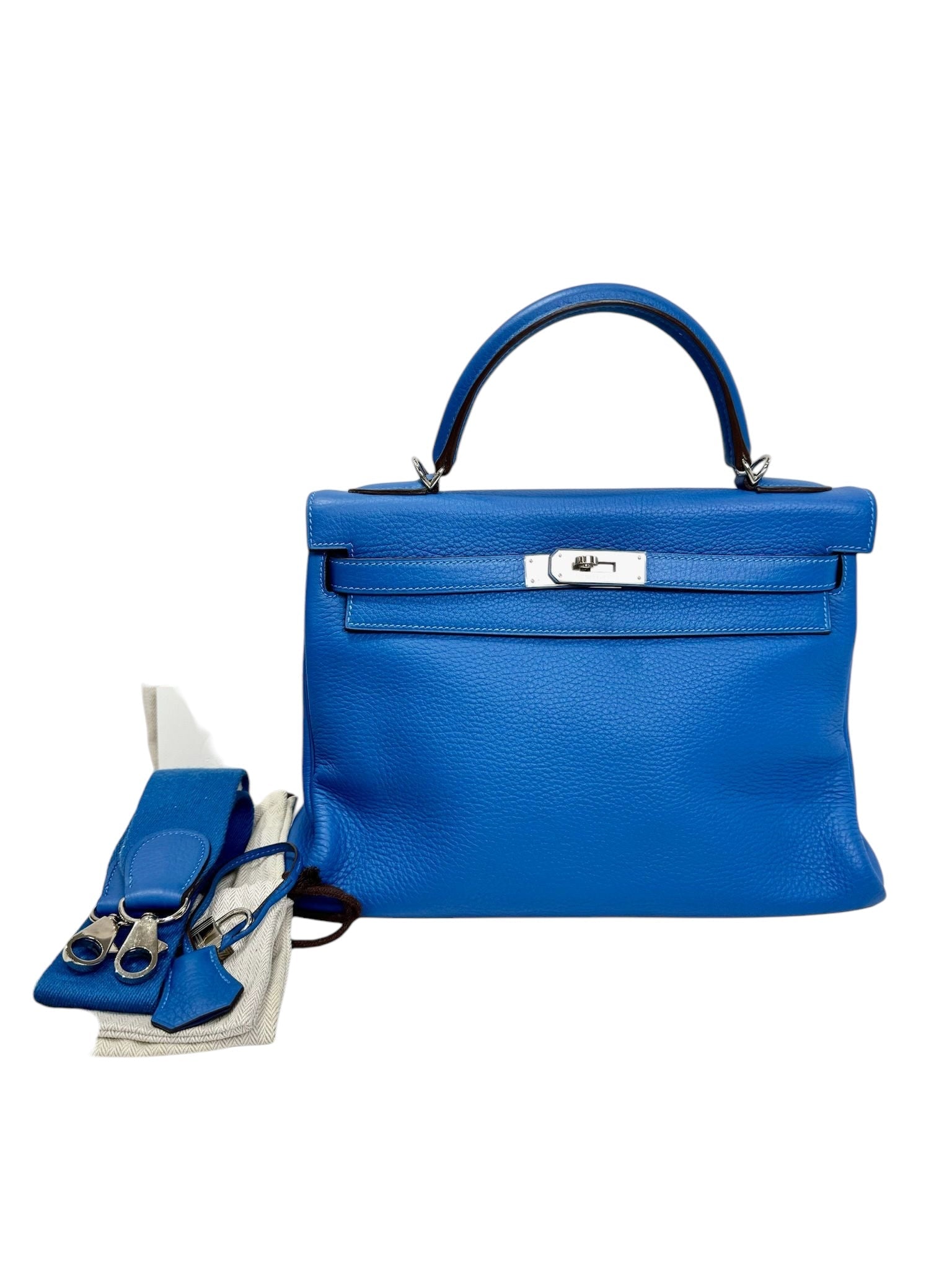 Hermes Kelly 32 Blue with PHW with Canvas Strap