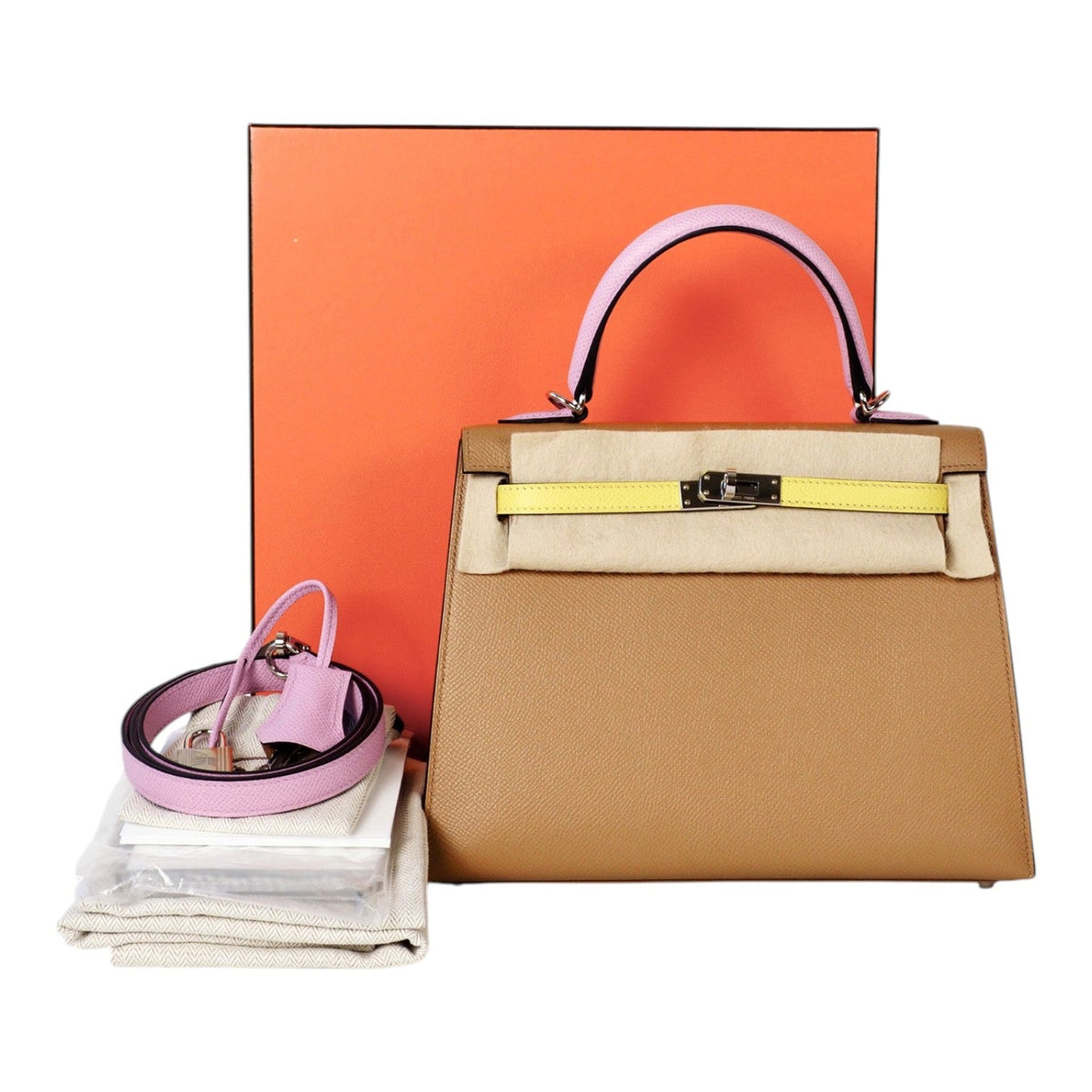 Hermes Tri-Colour Kelly 25cm in Epsom - Chai/Lime/Pink - Full Set