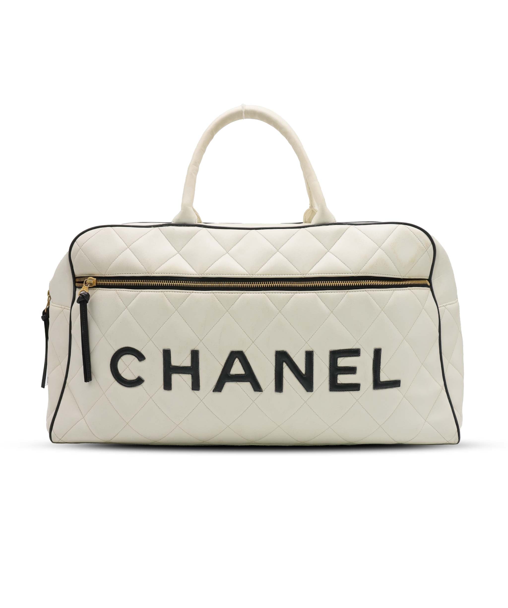Chanel Vintage Bowler Bag White with Black Chanel Logo