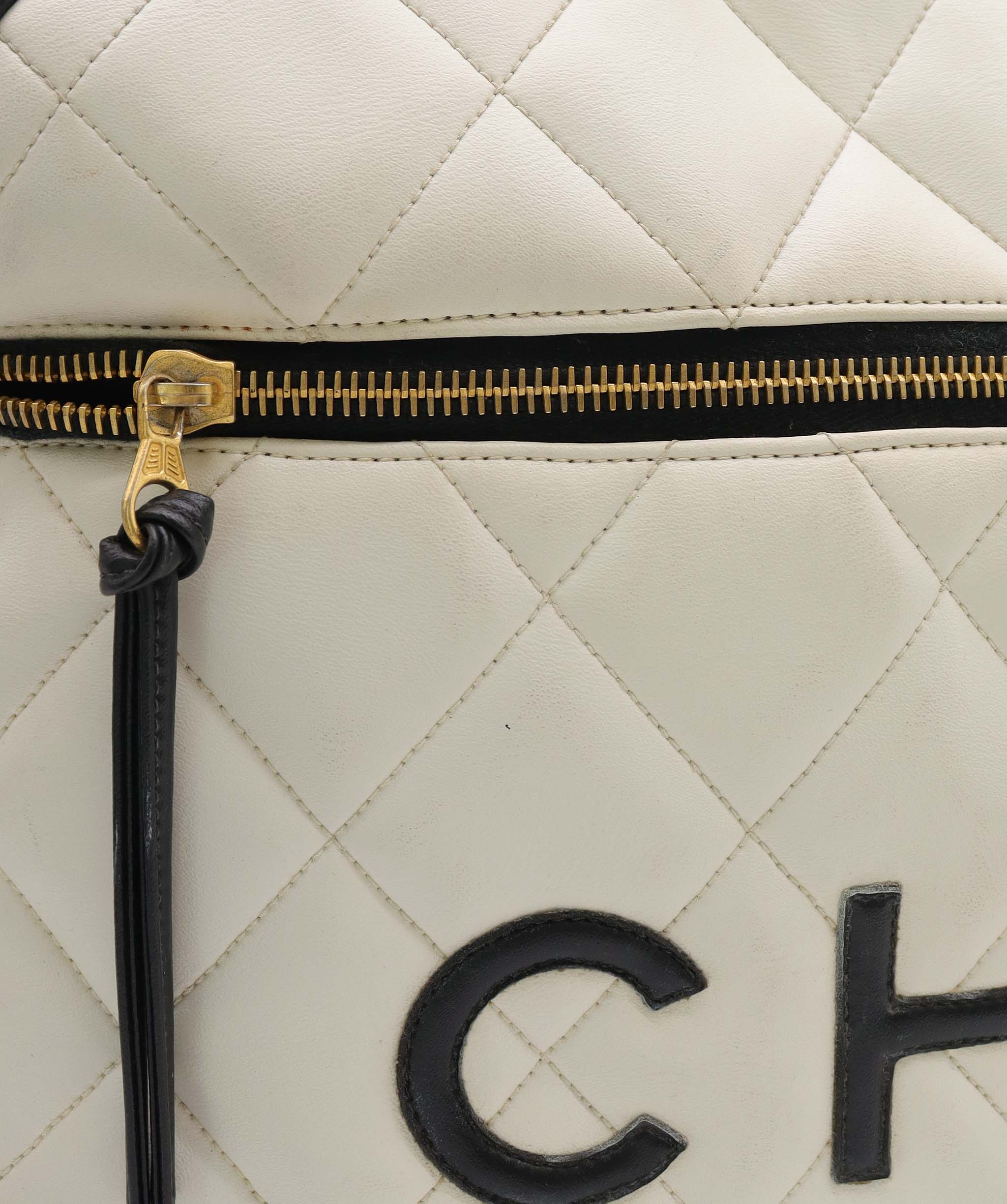 Chanel Vintage Bowler Bag White with Black Chanel Logo