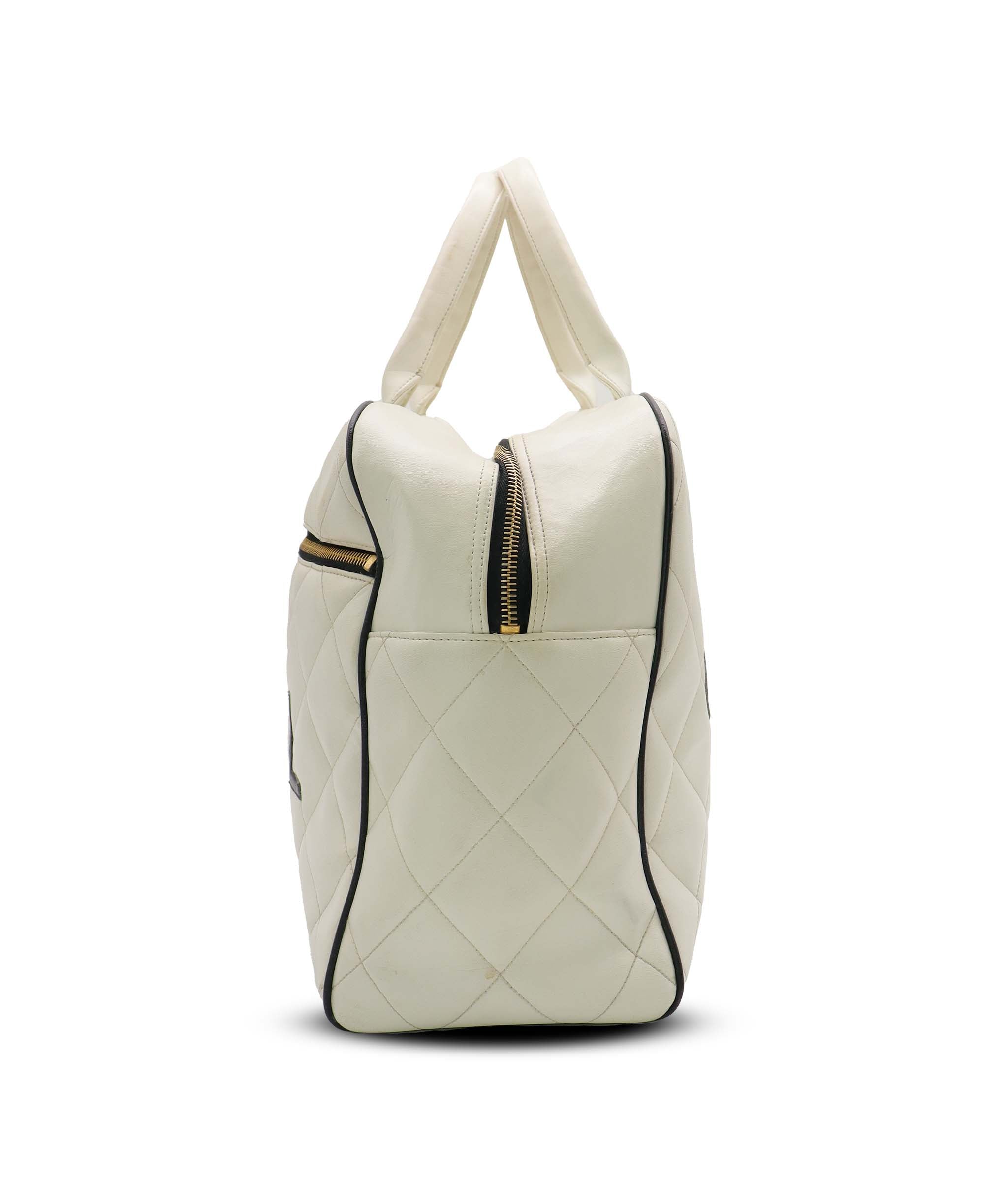 Chanel Vintage Bowler Bag White with Black Chanel Logo