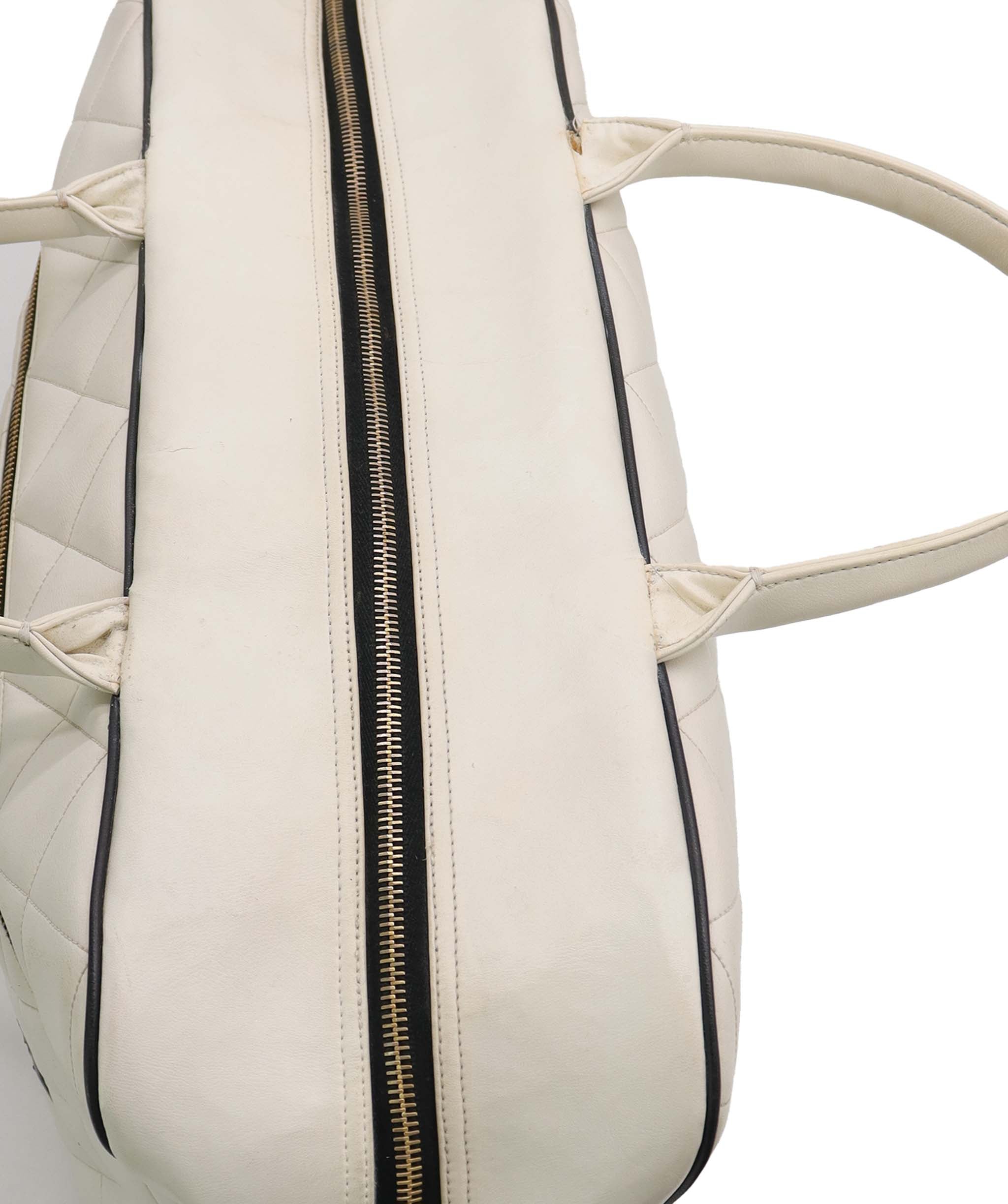 Chanel Vintage Bowler Bag White with Black Chanel Logo
