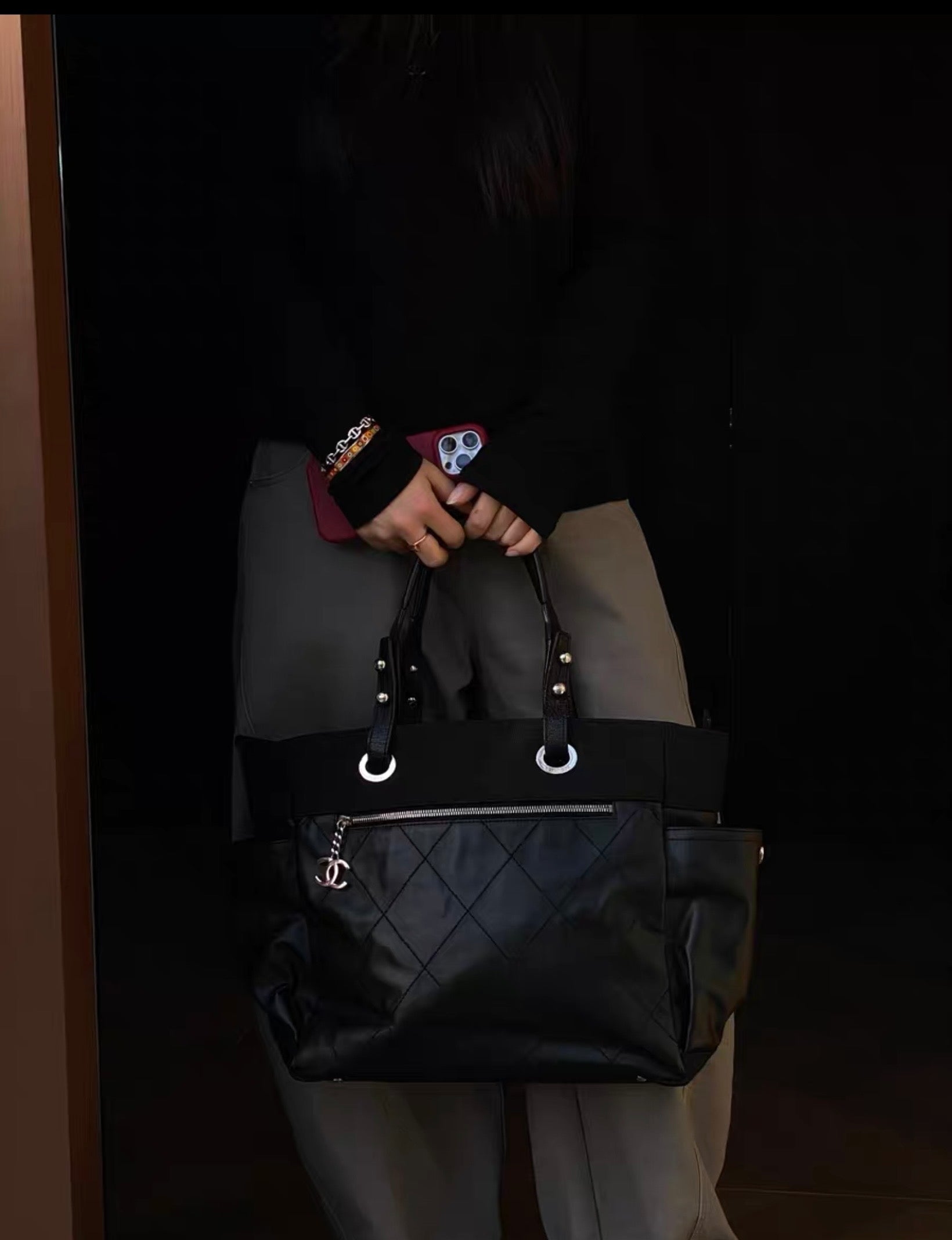 Chanel Coated Canvas Quilted Large Paris Biarritz Tote Black