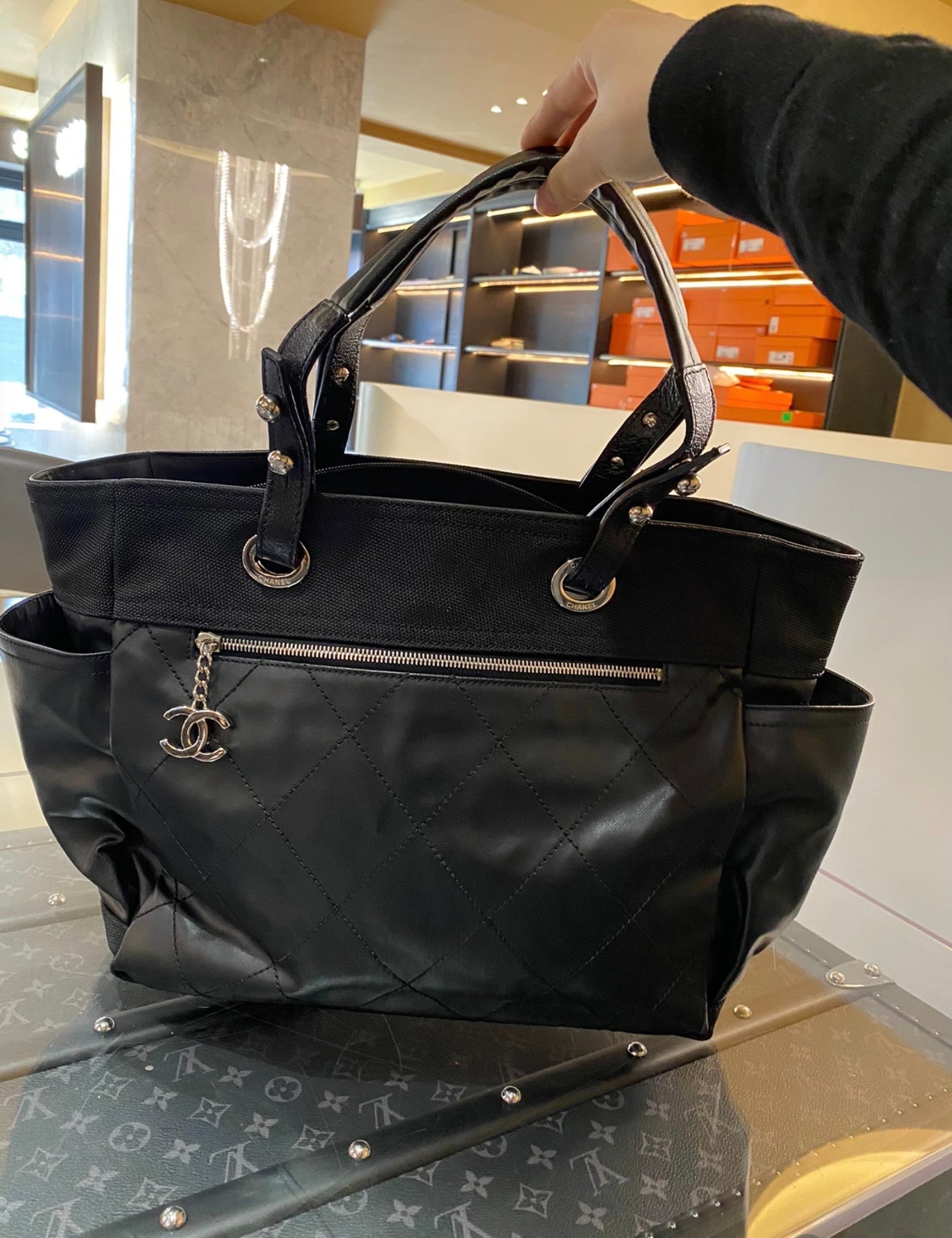 Chanel Coated Canvas Quilted Large Paris Biarritz Tote Black