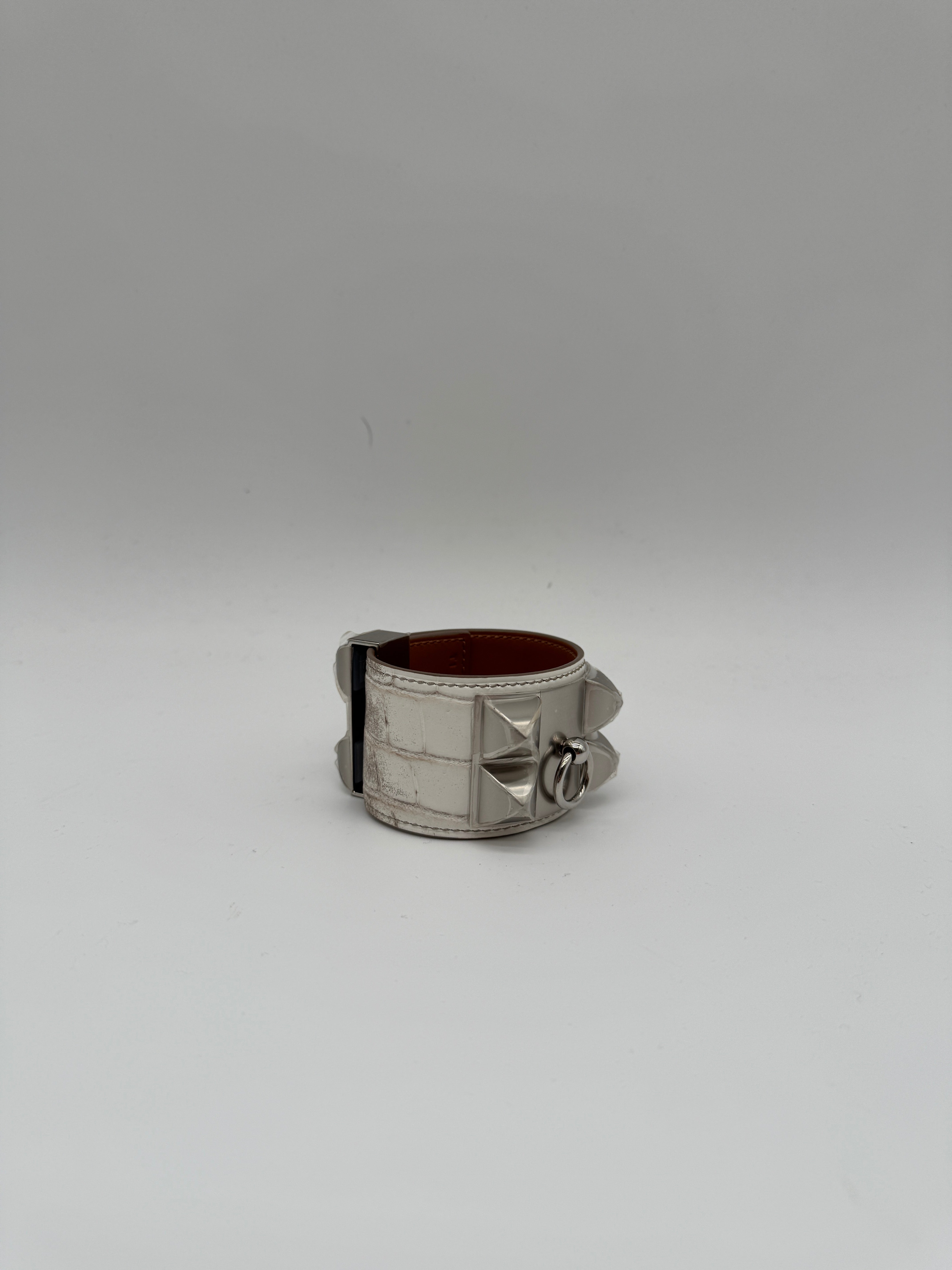 Hermès Collier de Chien Bracelet Himalaya Crocodile Blanc Palladium Hardware