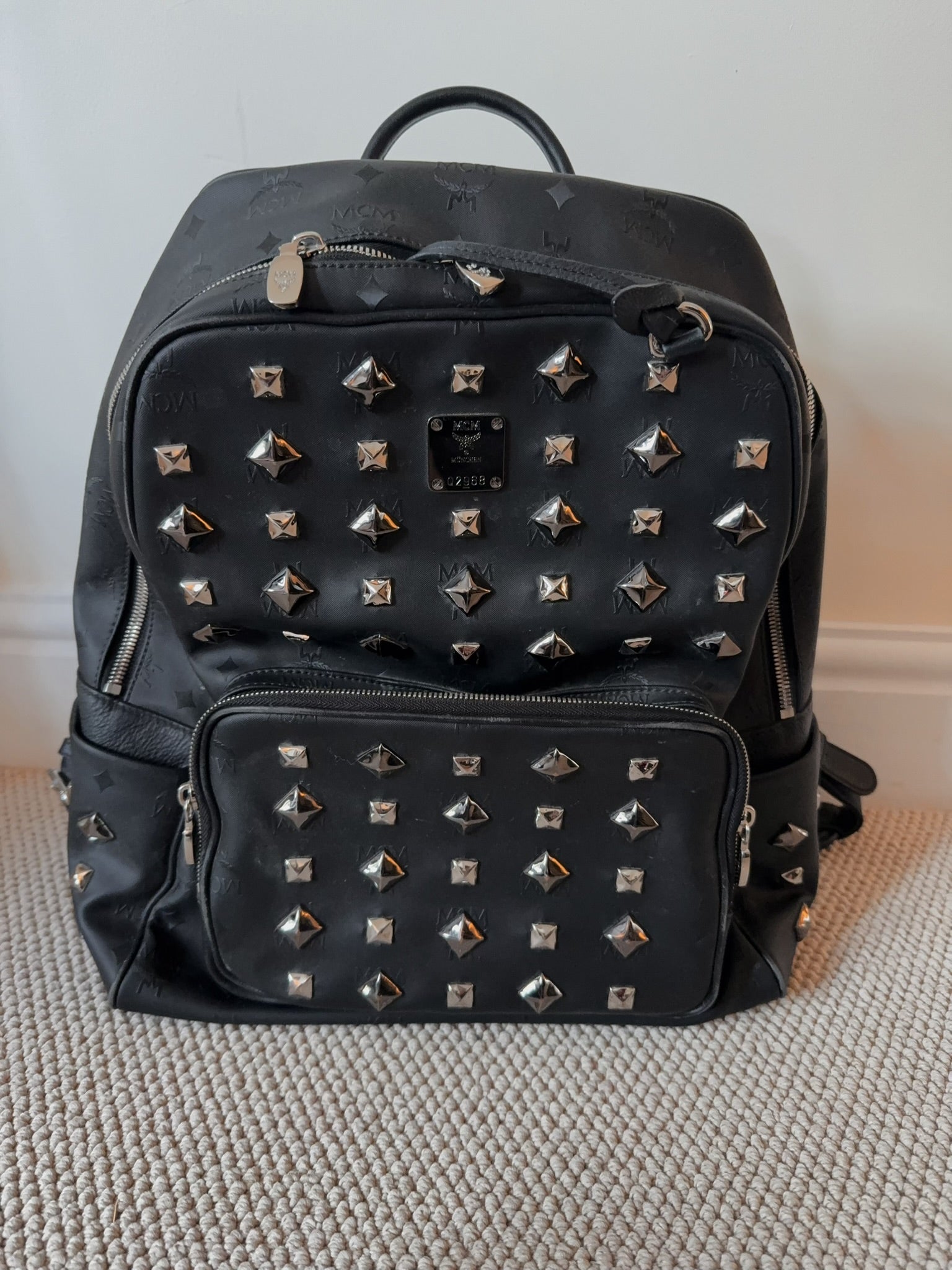 MCM Black Studded Backpack with Matching Zip Pouch – Heavy Embellished Design
