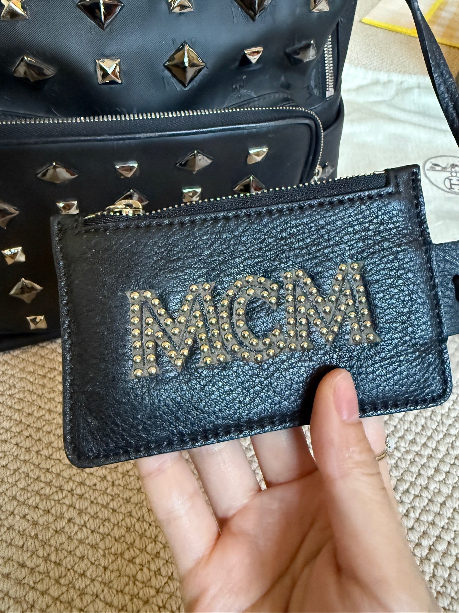 MCM Black Studded Backpack with Matching Zip Pouch – Heavy Embellished Design