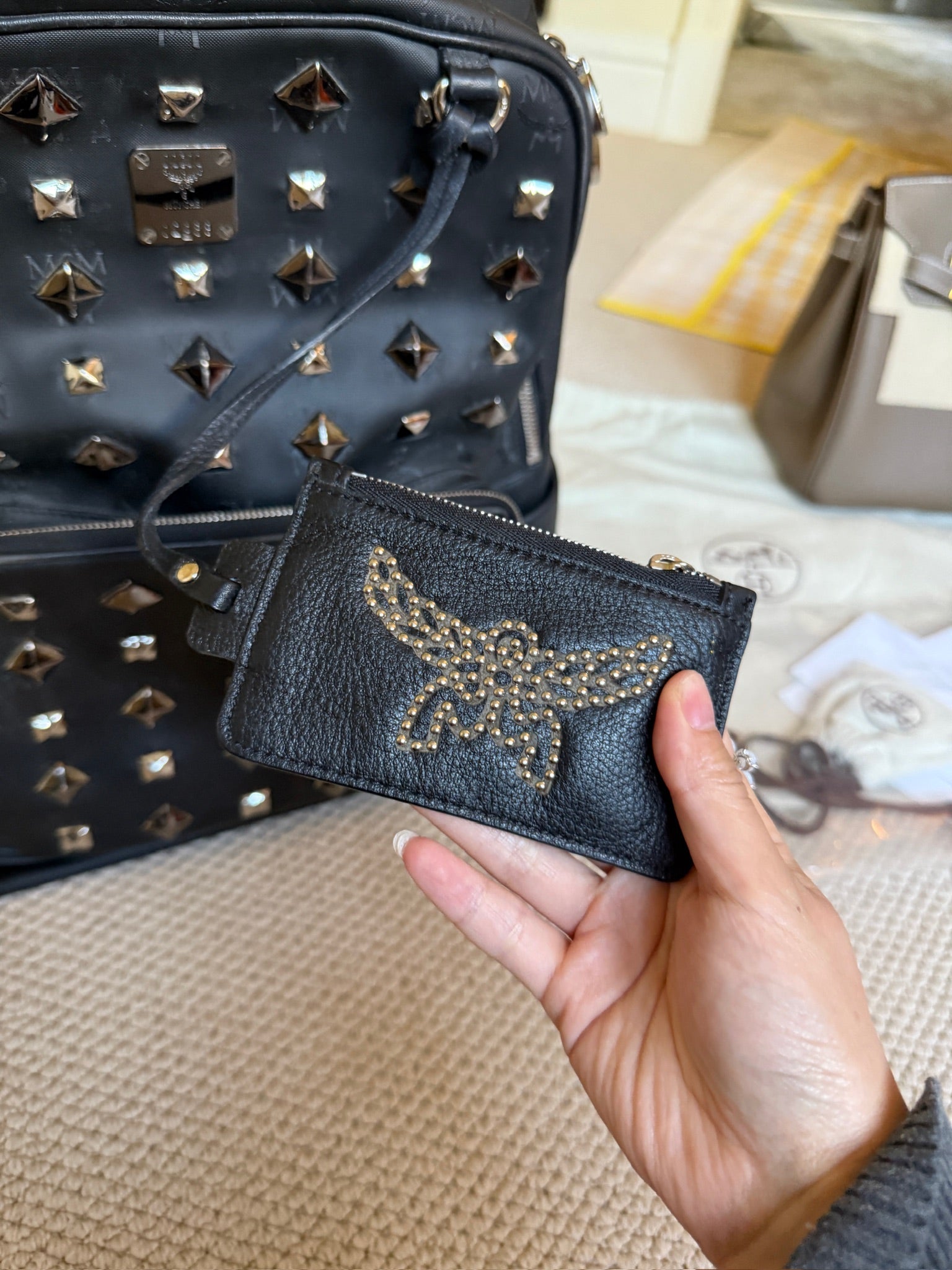 MCM Black Studded Backpack with Matching Zip Pouch – Heavy Embellished Design