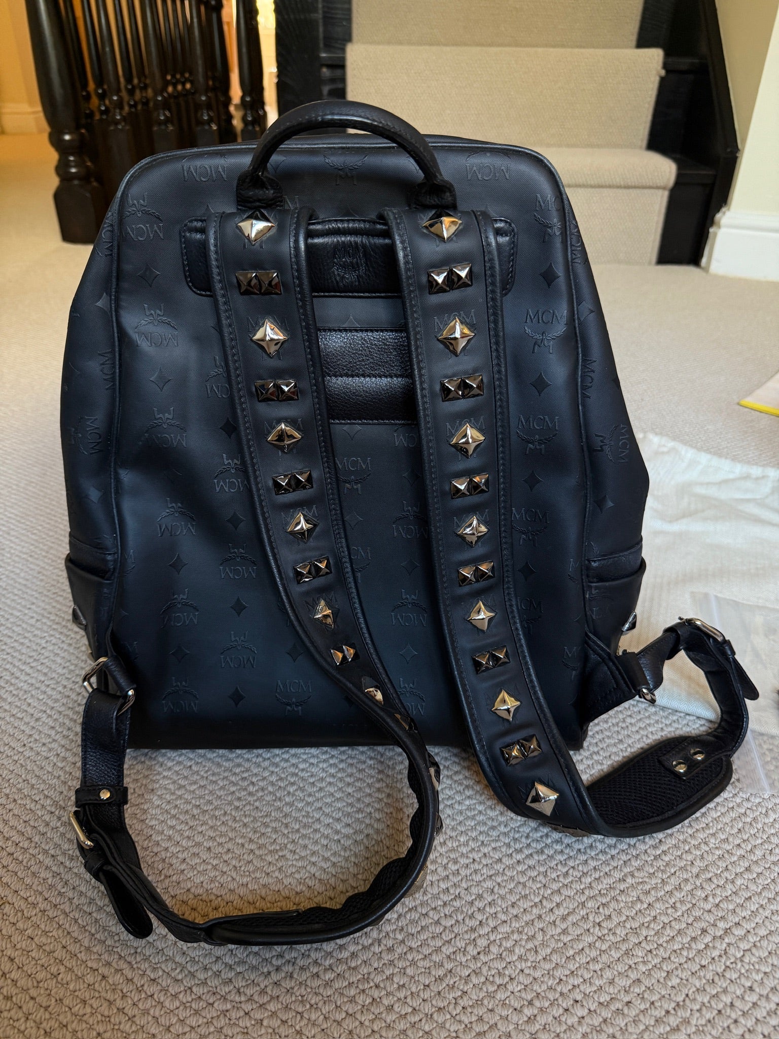 MCM Black Studded Backpack with Matching Zip Pouch – Heavy Embellished Design