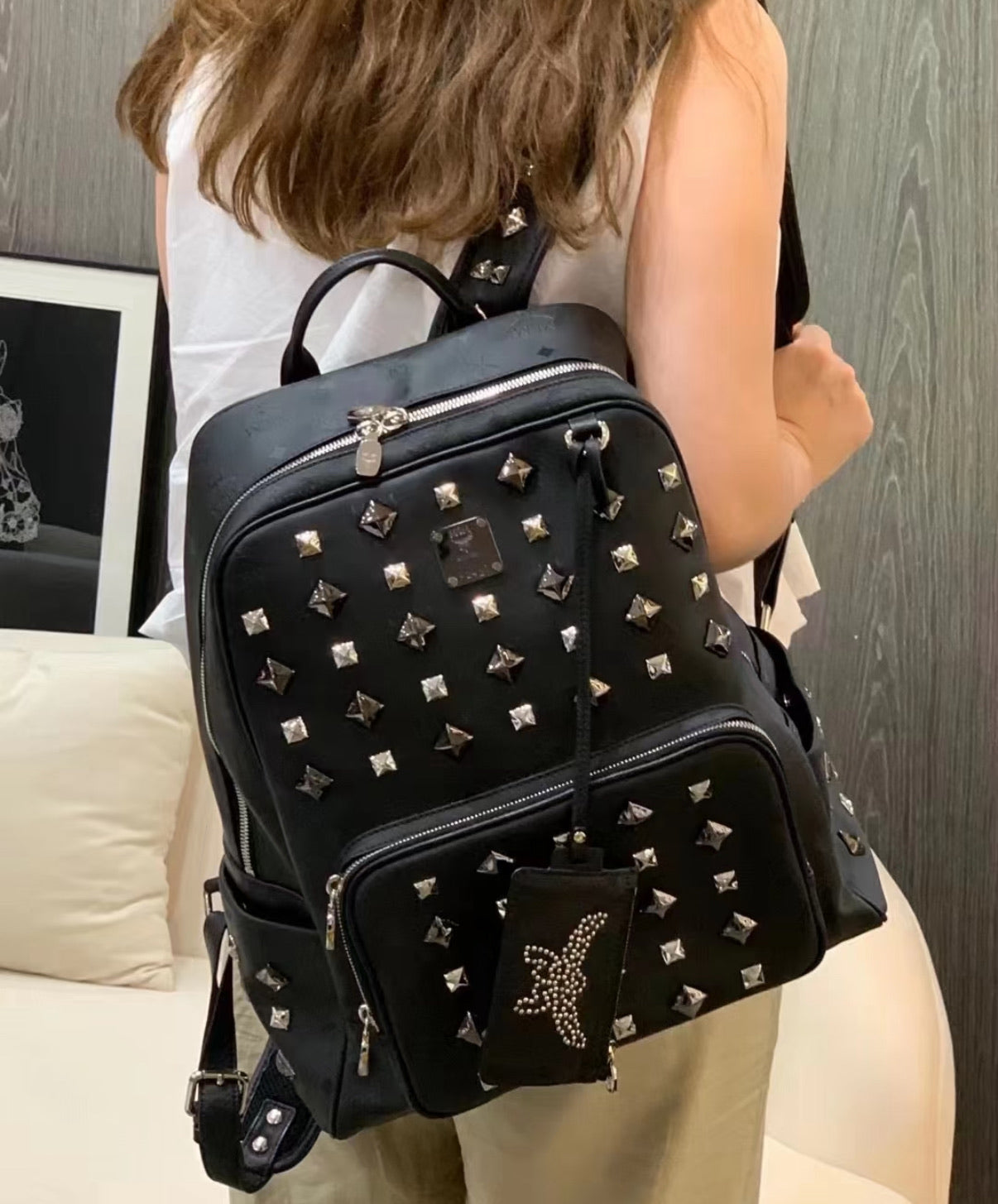 MCM Black Studded Backpack with Matching Zip Pouch – Heavy Embellished Design