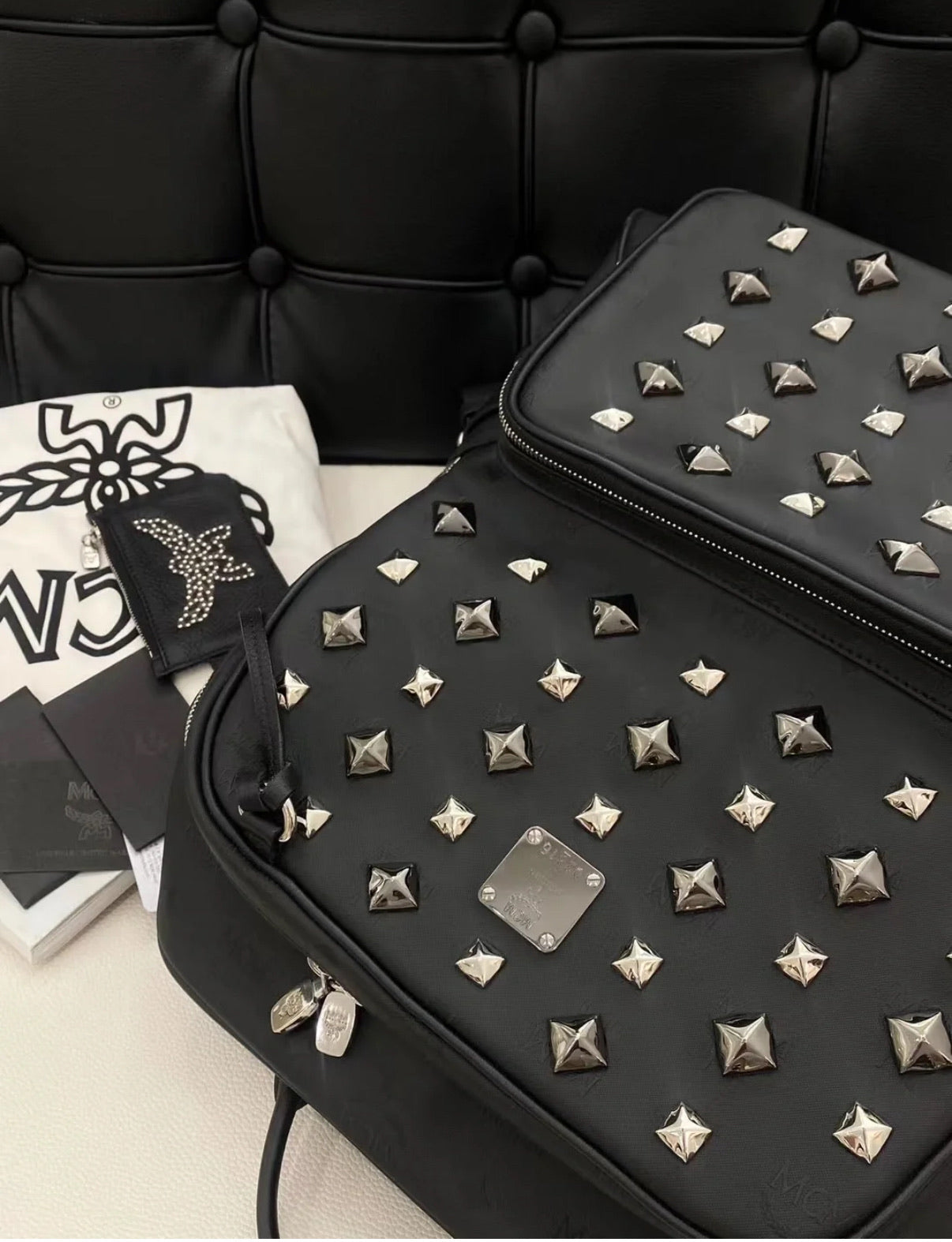 MCM Black Studded Backpack with Matching Zip Pouch – Heavy Embellished Design