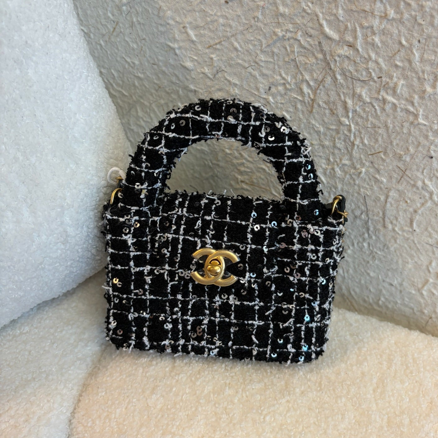 Chanel Tweed Quilted Nano Kelly Shopper Black White