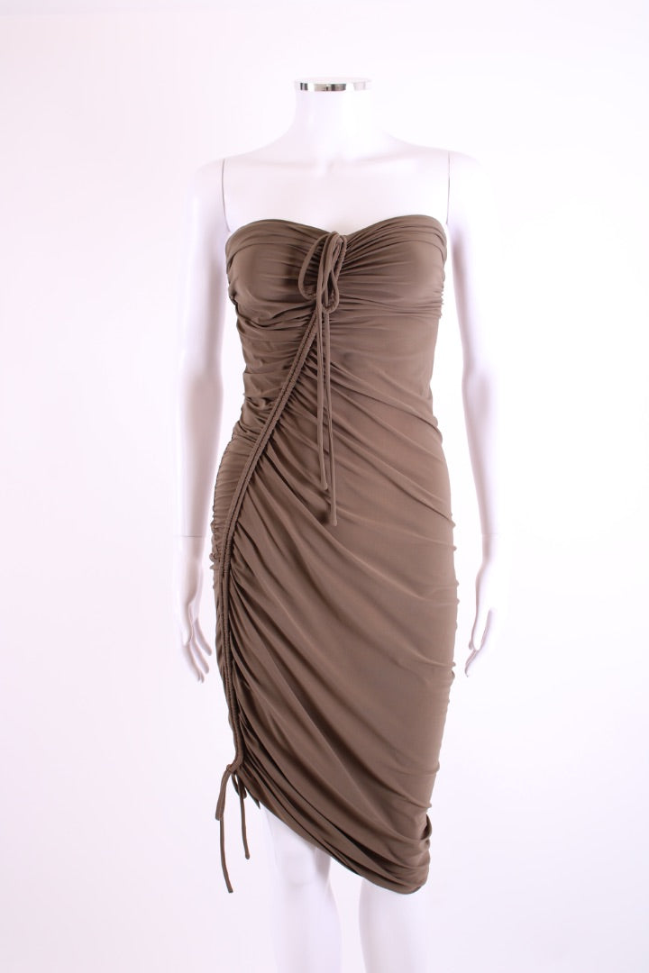 Lanvin Strapless Ruched Dress Khaki 10