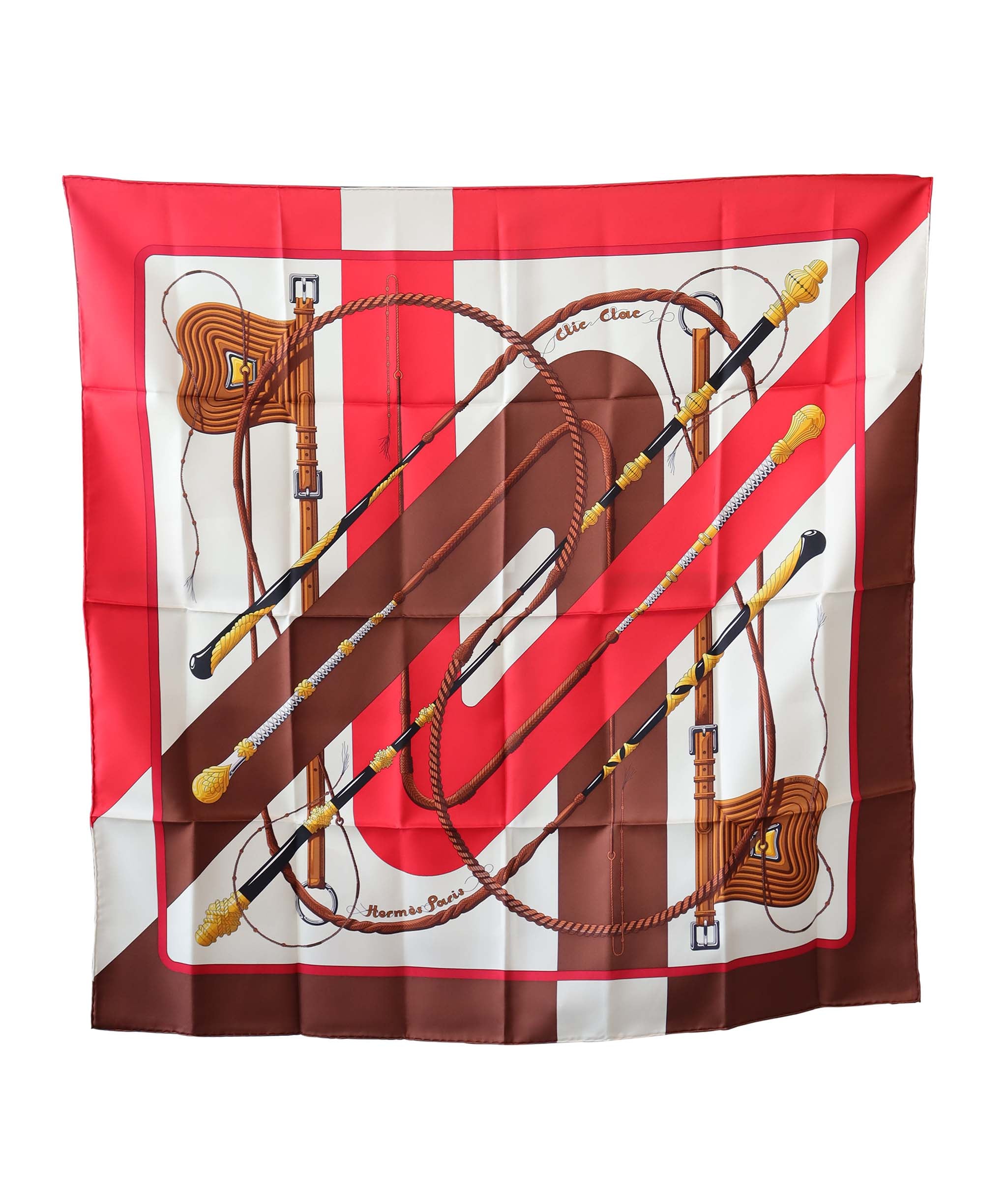 HERMES Carre90 Scarf """"""""clic clac"""""""" Silk Brown Auth am377b DXBV0307