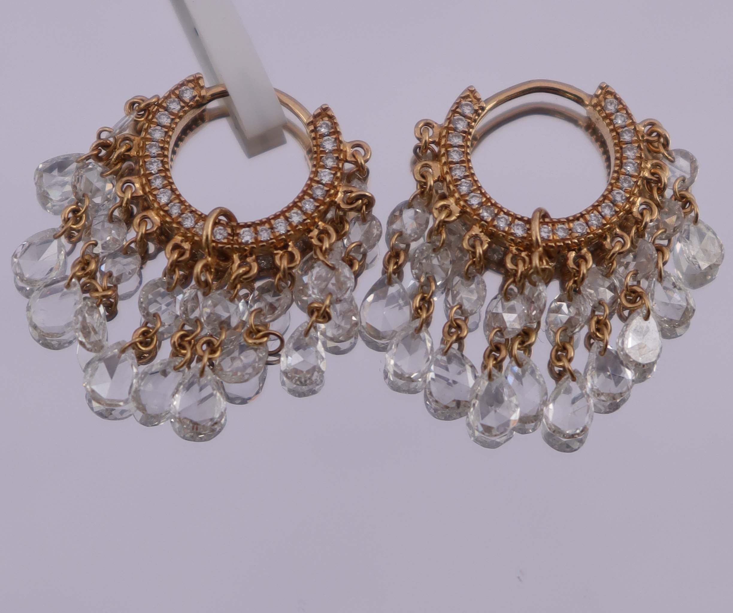 3.03ct Rose Cut Diamond Chandelier hoop earrings rose gold E7650