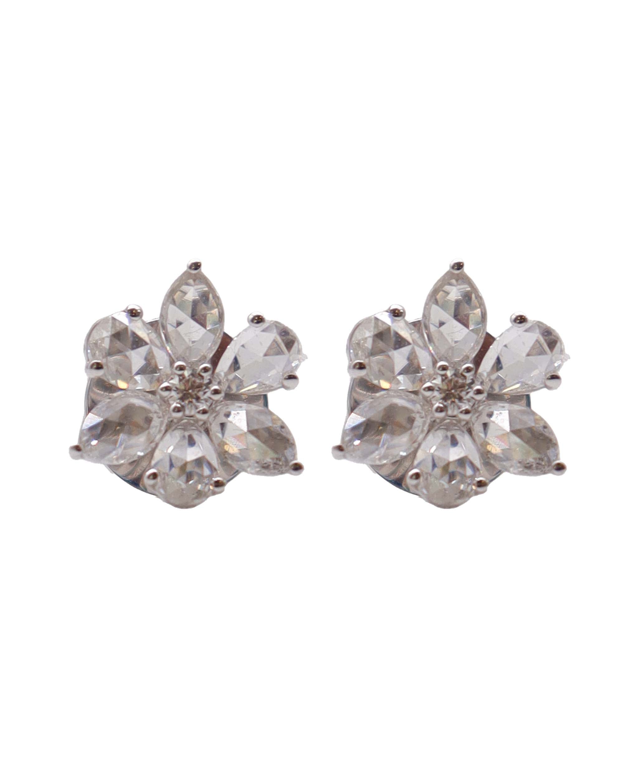Rose Cut Diamond flower Studs White Gold E5159