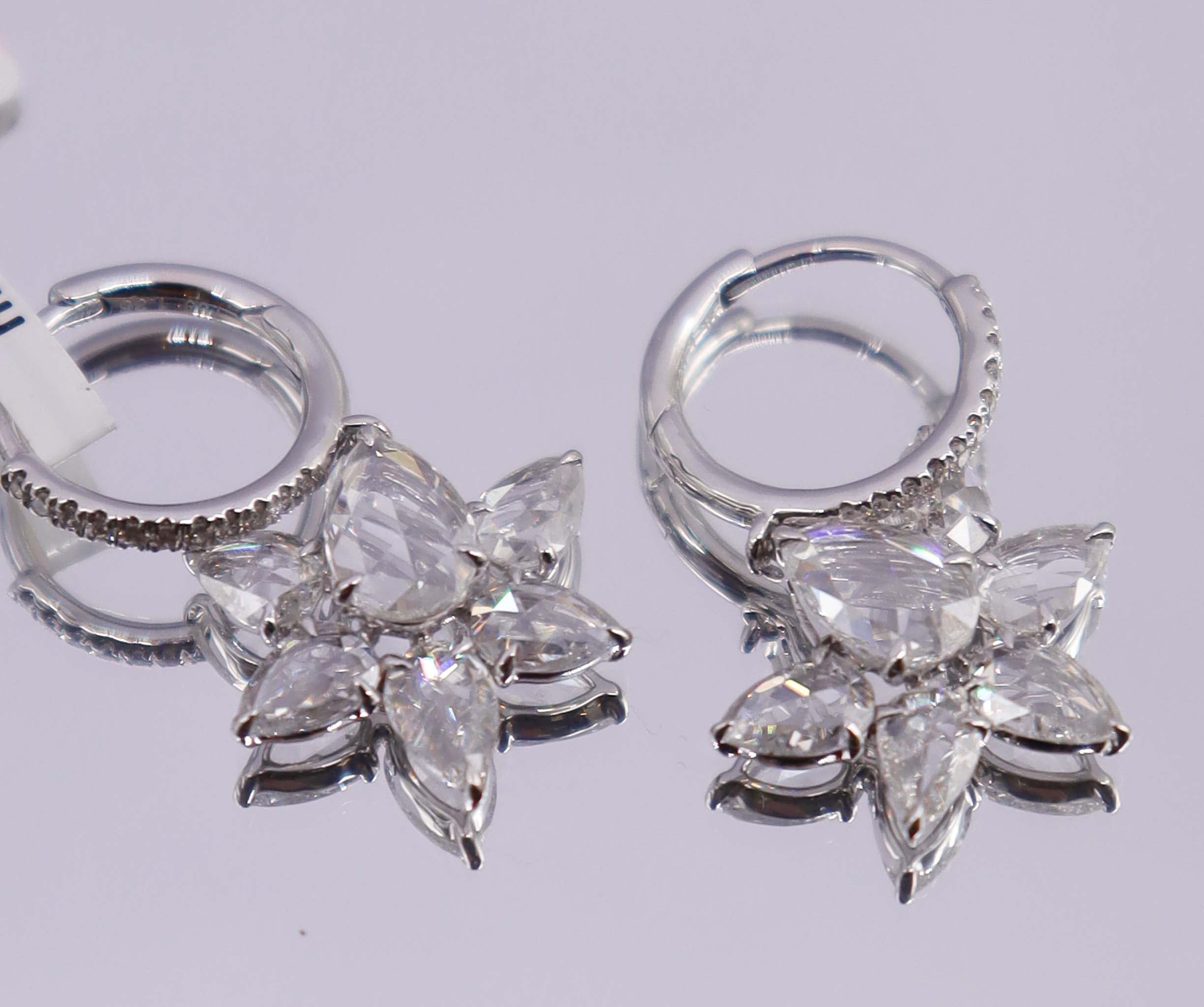 High Craftsmanship 1.36ct Rose Cut Diamond Lotus hoop earrings white gold E6869