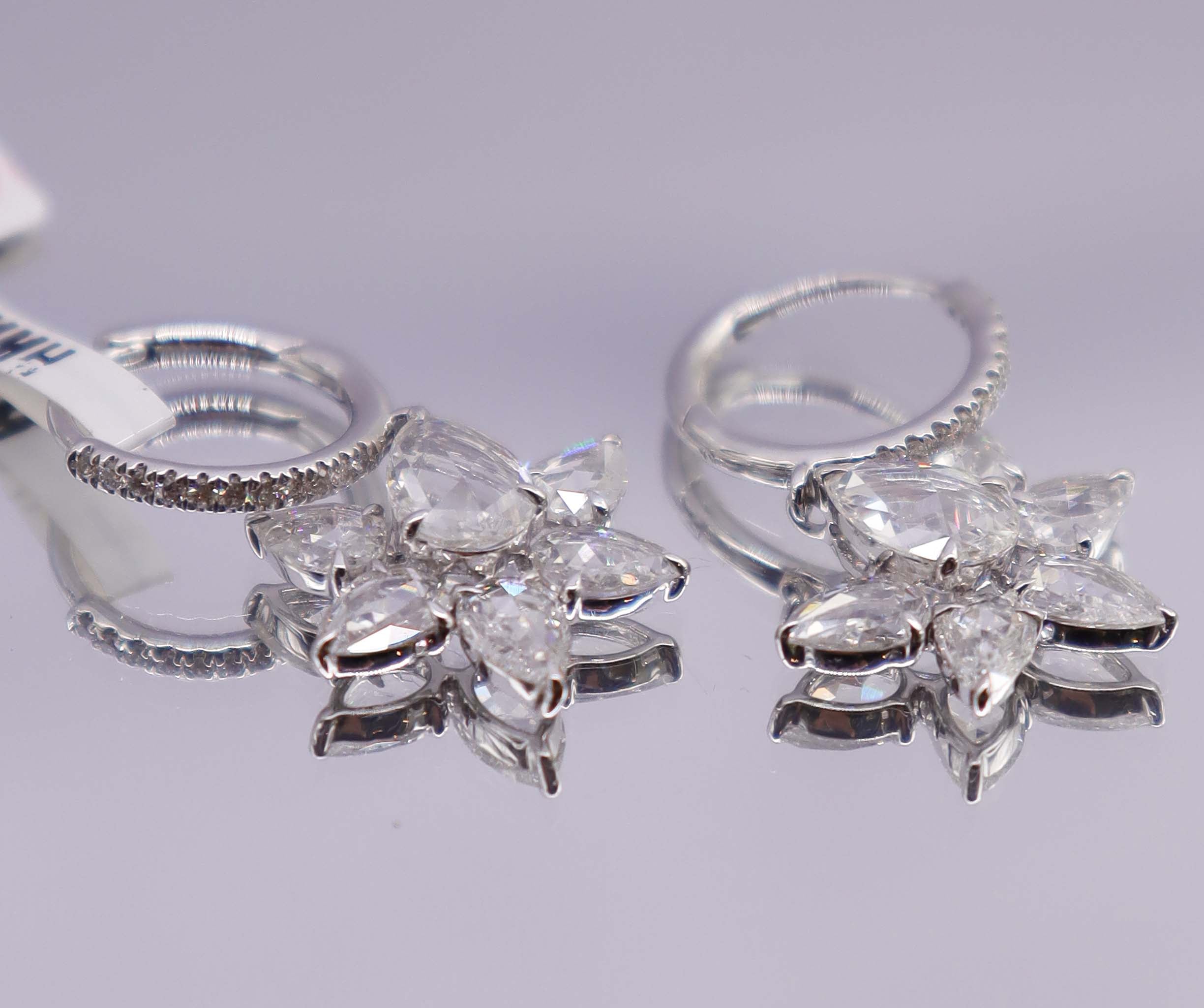 High Craftsmanship 1.36ct Rose Cut Diamond Lotus hoop earrings white gold E6869