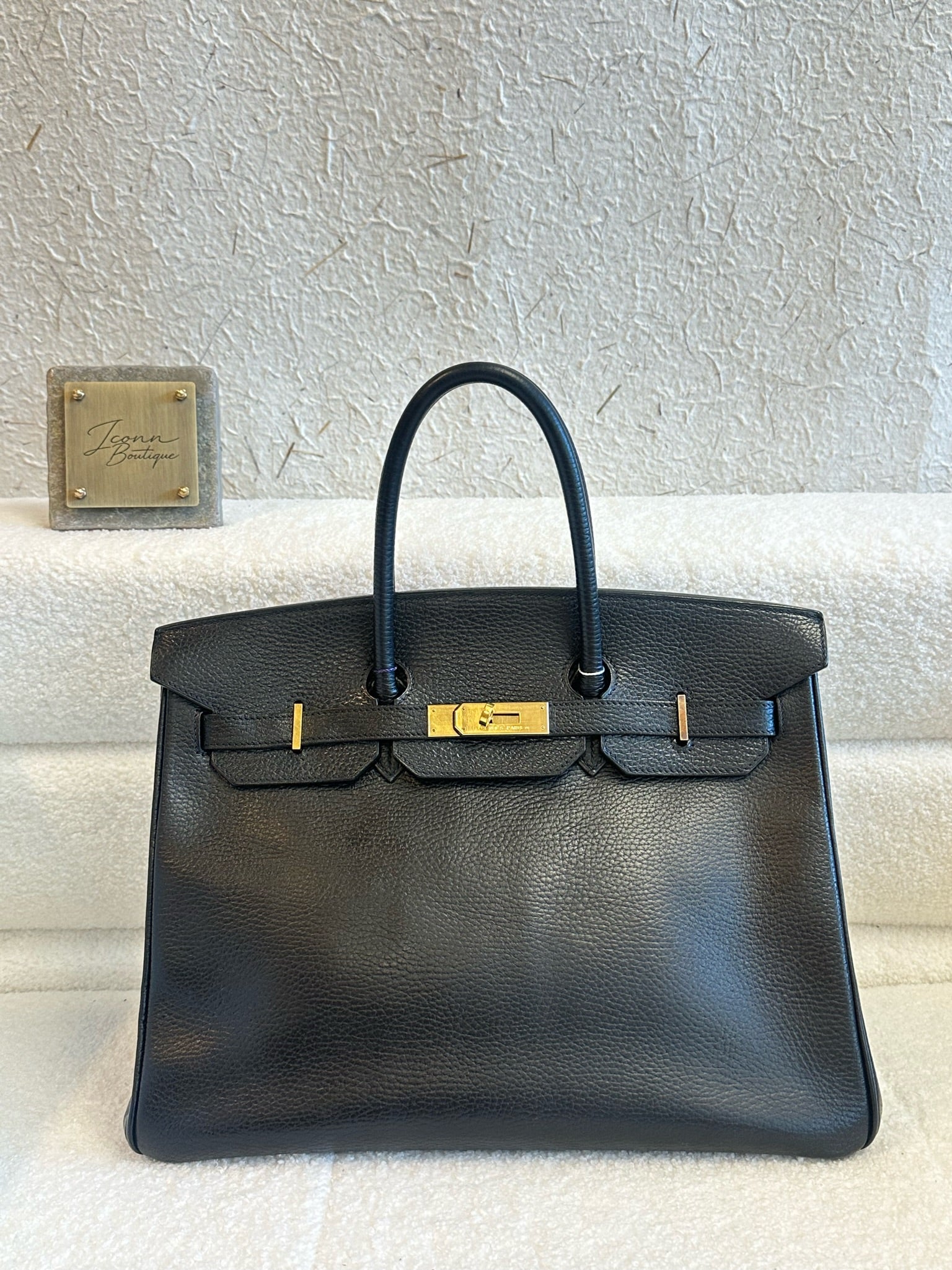 Hermes Birkin 35 Black Ardennes GHW Square F Stamp