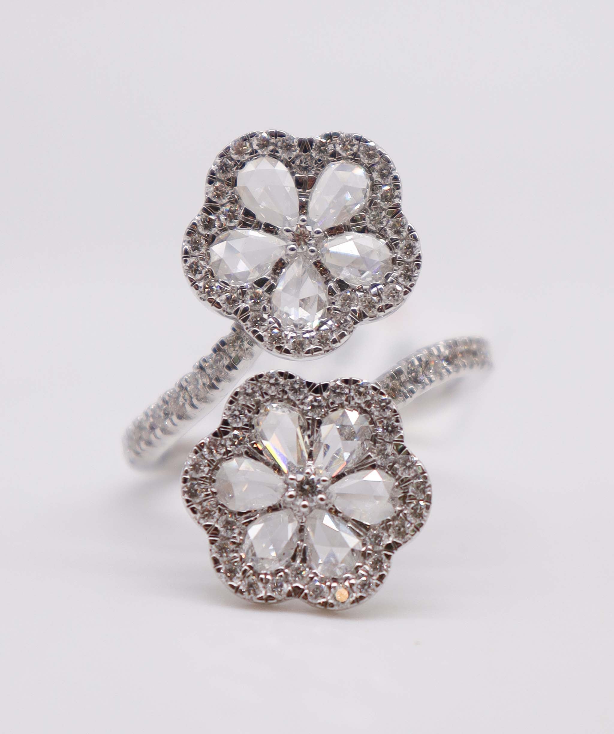 High Craftsmanship 1.83ct Rose Cut Diamond Double Flower Ring White Gold Size 54 R4321