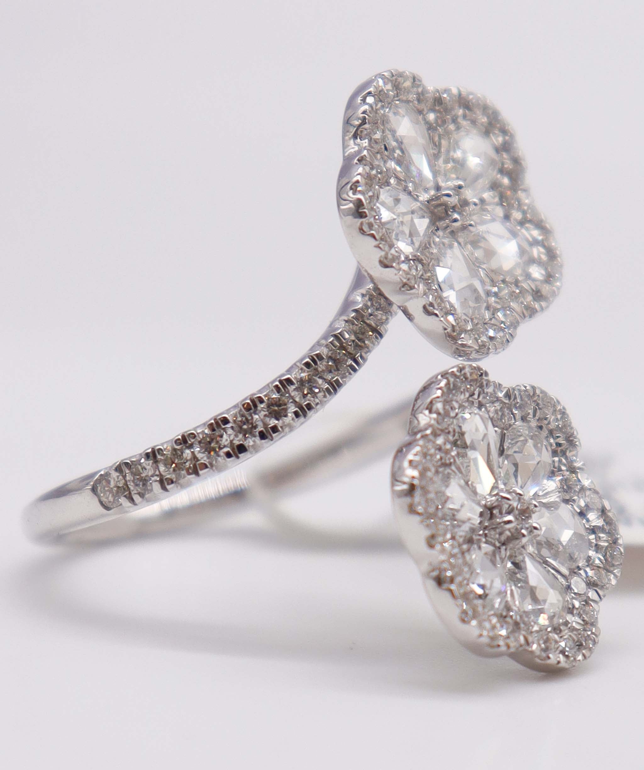 High Craftsmanship 1.83ct Rose Cut Diamond Double Flower Ring White Gold Size 54 R4321