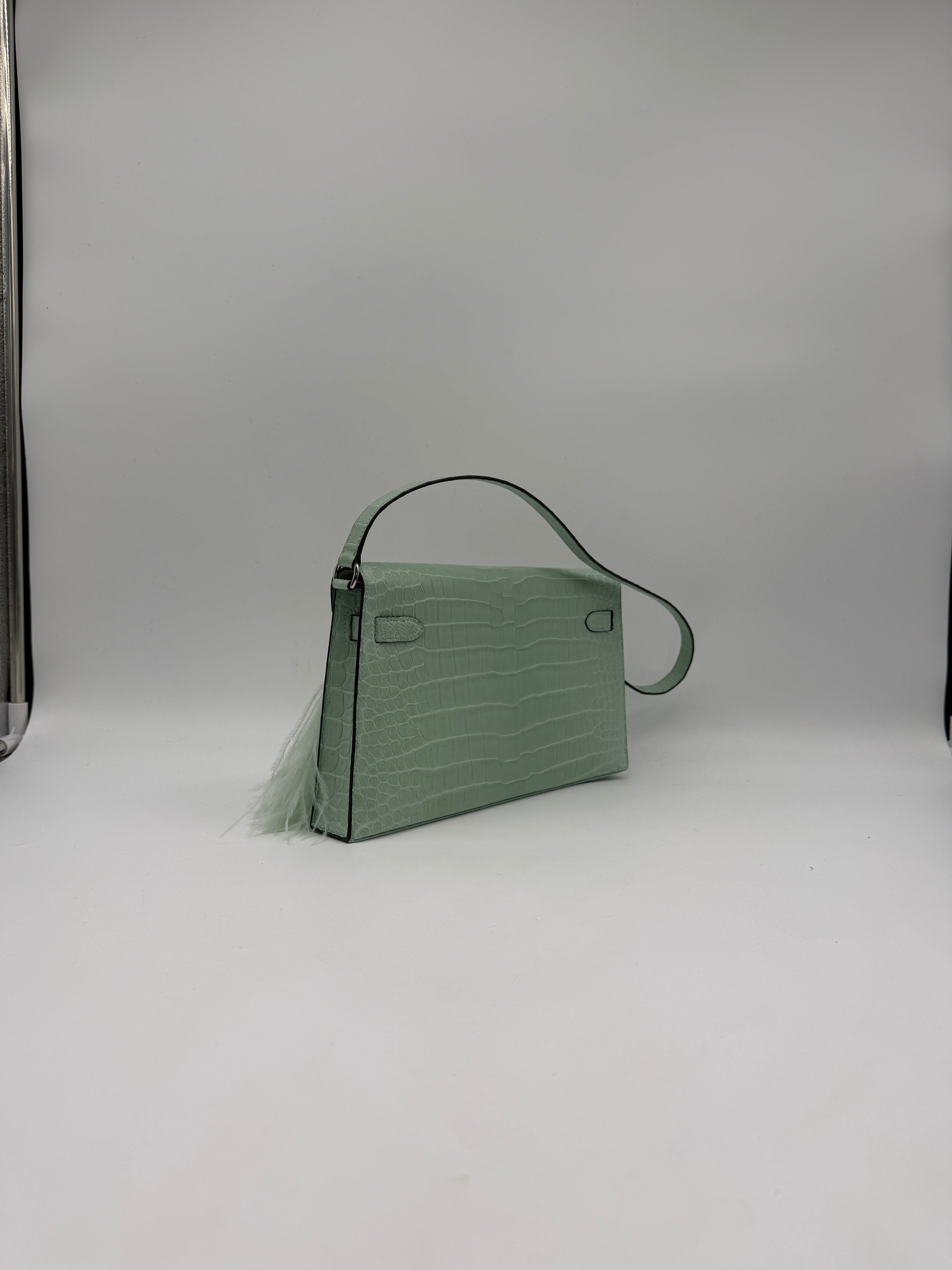Hermès Kelly Elan Folie Vert Deau Foile Matte Porosus Palladium Hardware