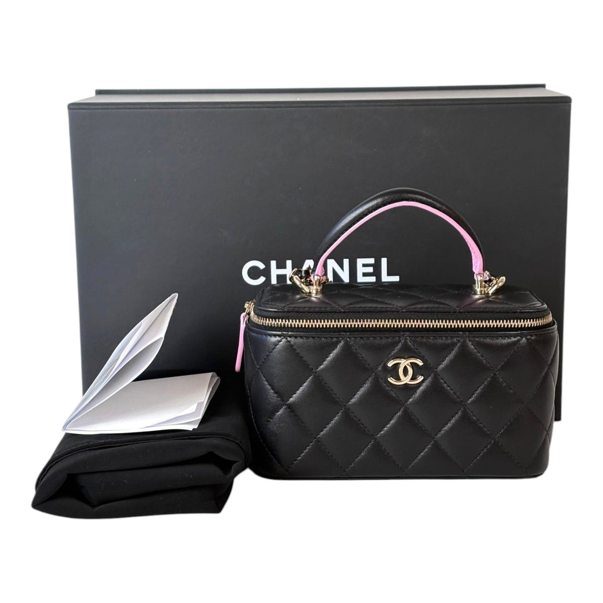 Chanel Vanity Box Bag Black Lambskin With Pink & Black Handle - Full Set