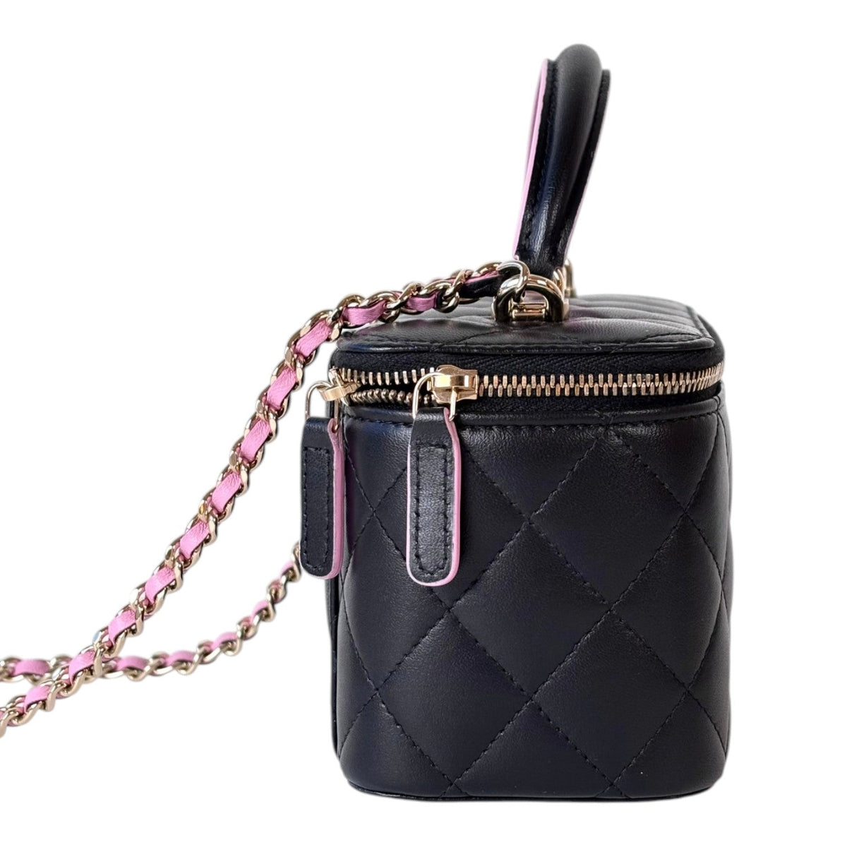 Chanel Vanity Box Bag Black Lambskin With Pink & Black Handle - Full Set