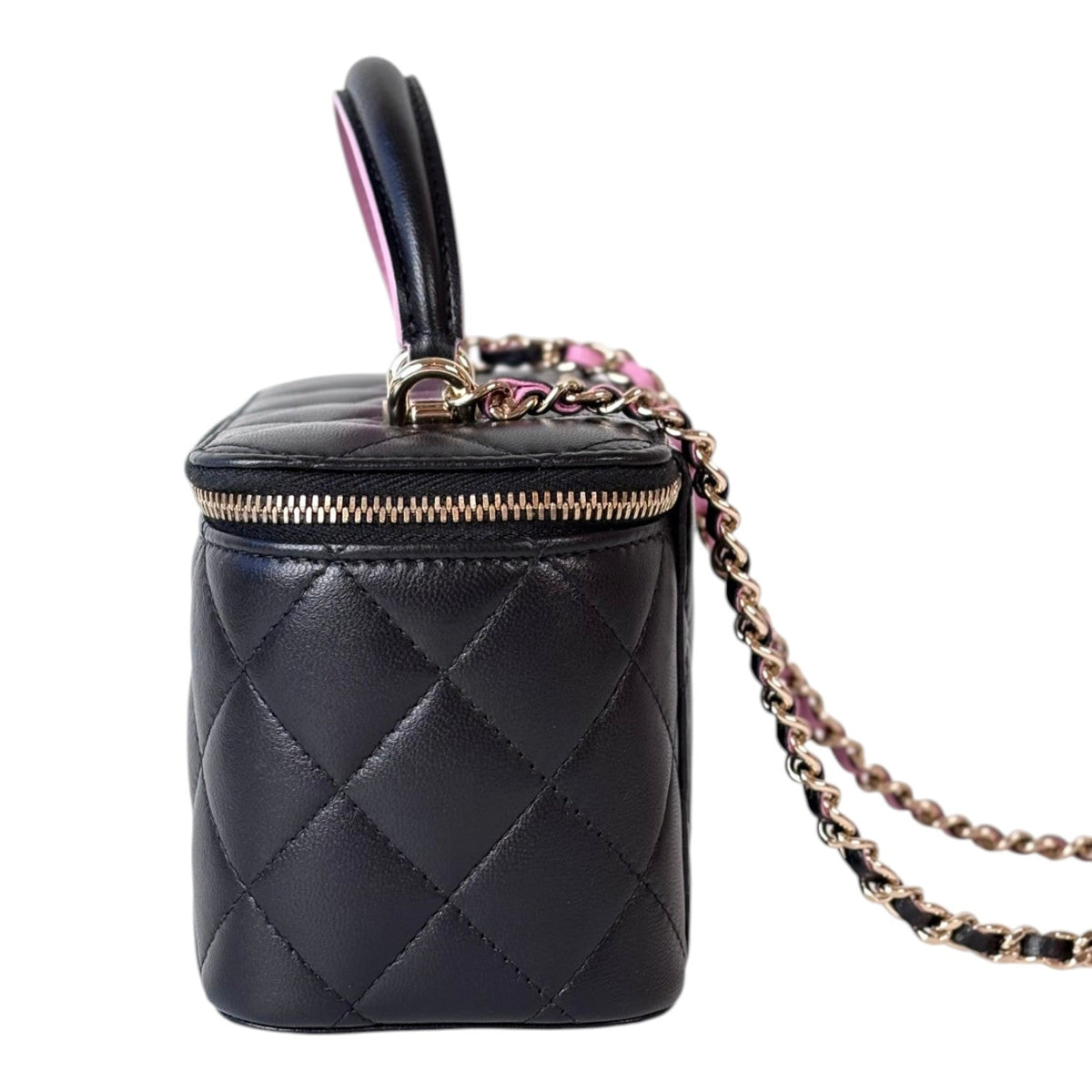 Chanel Vanity Box Bag Black Lambskin With Pink & Black Handle - Full Set