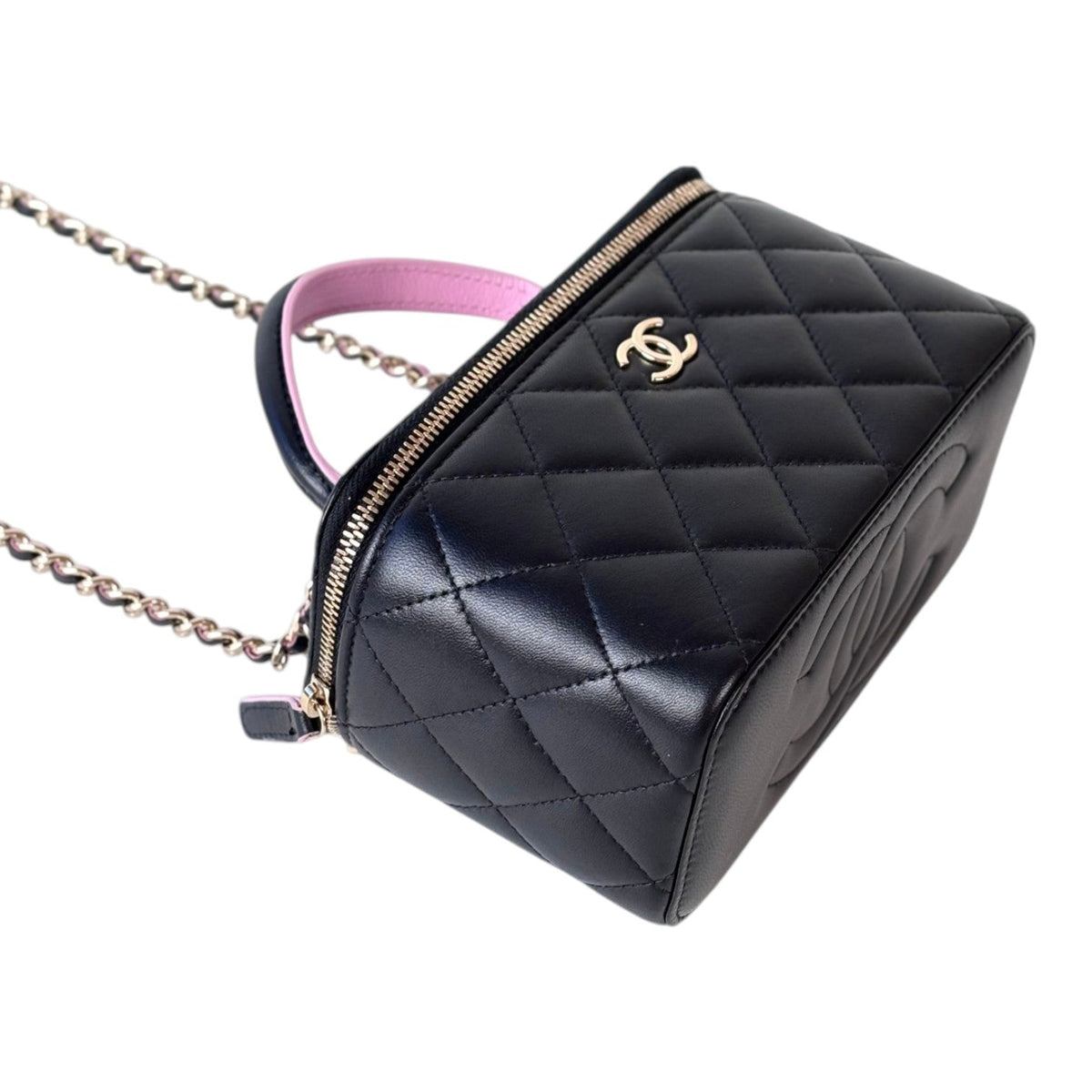 Chanel Vanity Box Bag Black Lambskin With Pink & Black Handle - Full Set