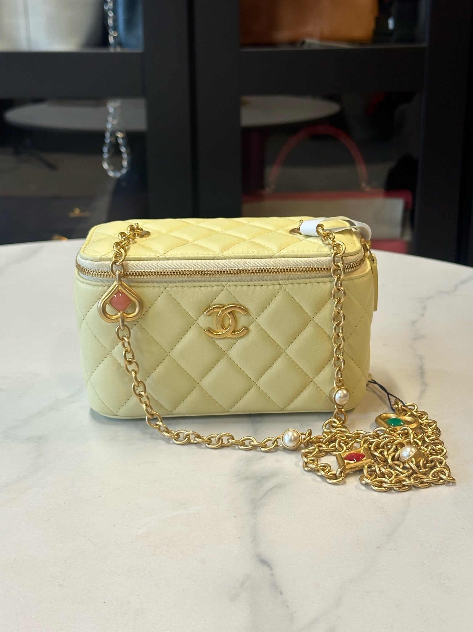 CHANEL Vanity Case Matelasse Light Yellow Calfskin Vanity Bag