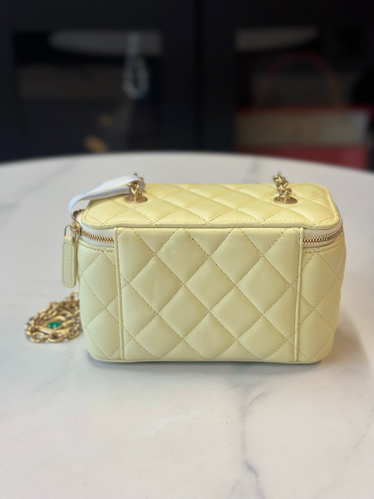 CHANEL Vanity Case Matelasse Light Yellow Calfskin Vanity Bag